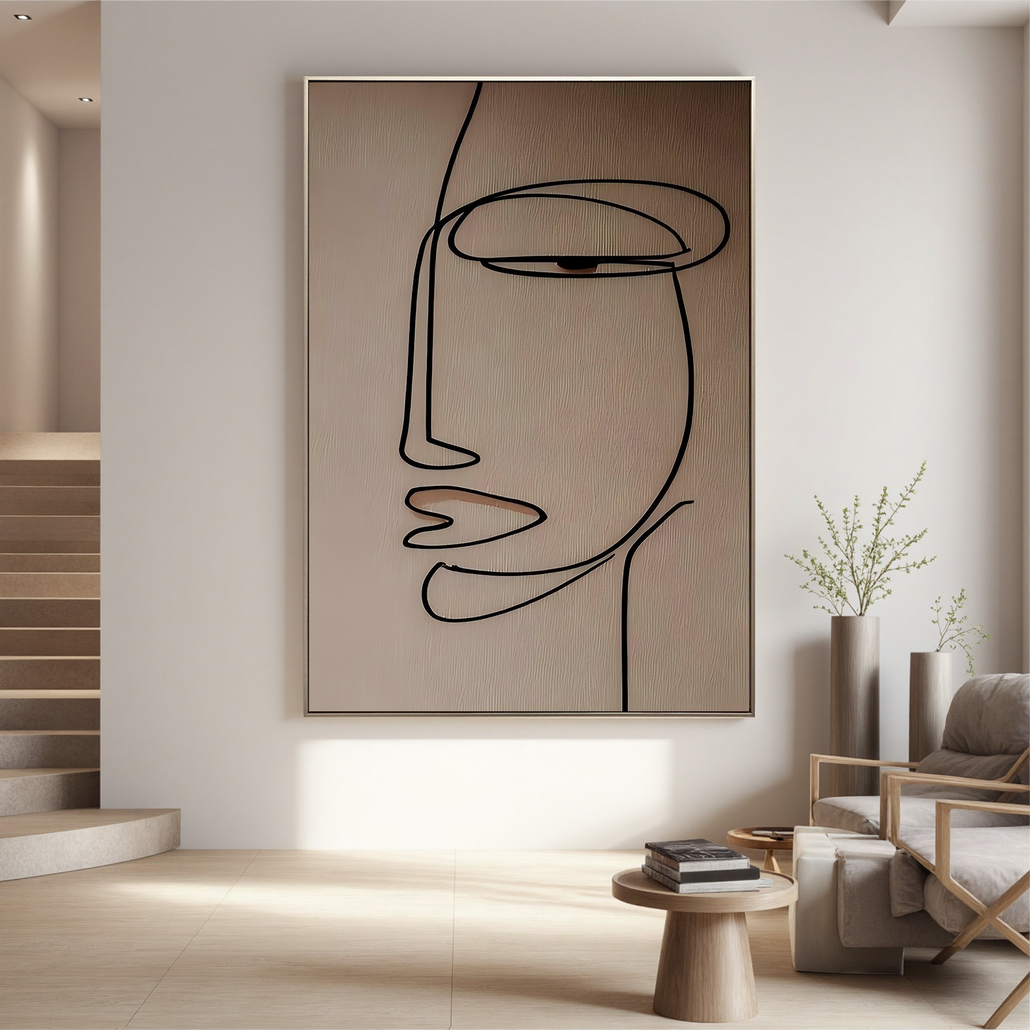 Minimalist Line Art Face Canvas Wall Art – Abstract Portrait in Neutral Beige for Modern Home Decor#OA 0871