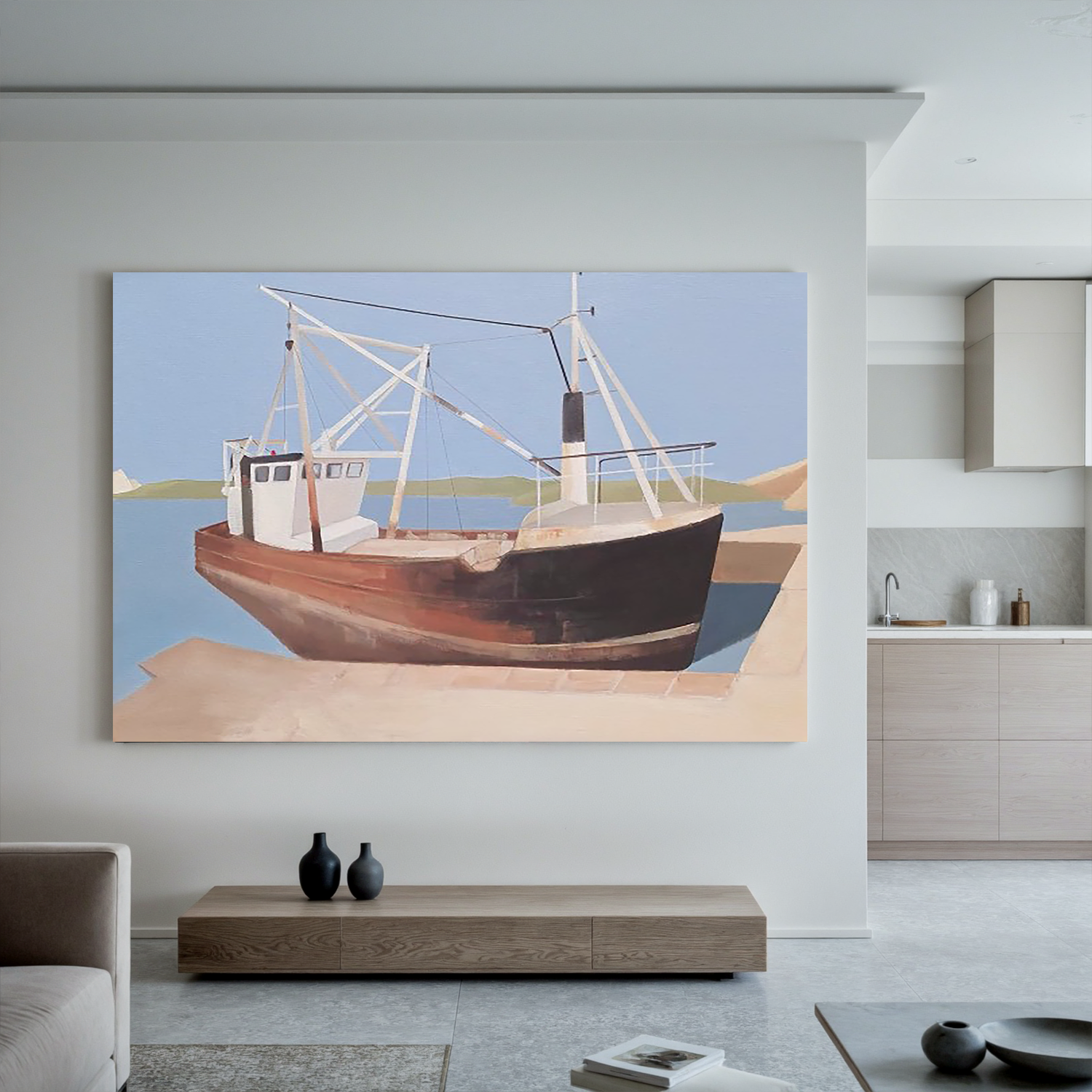Harbor Fishing Boat-Coastal Fishing Boat Landscape Wall Art
