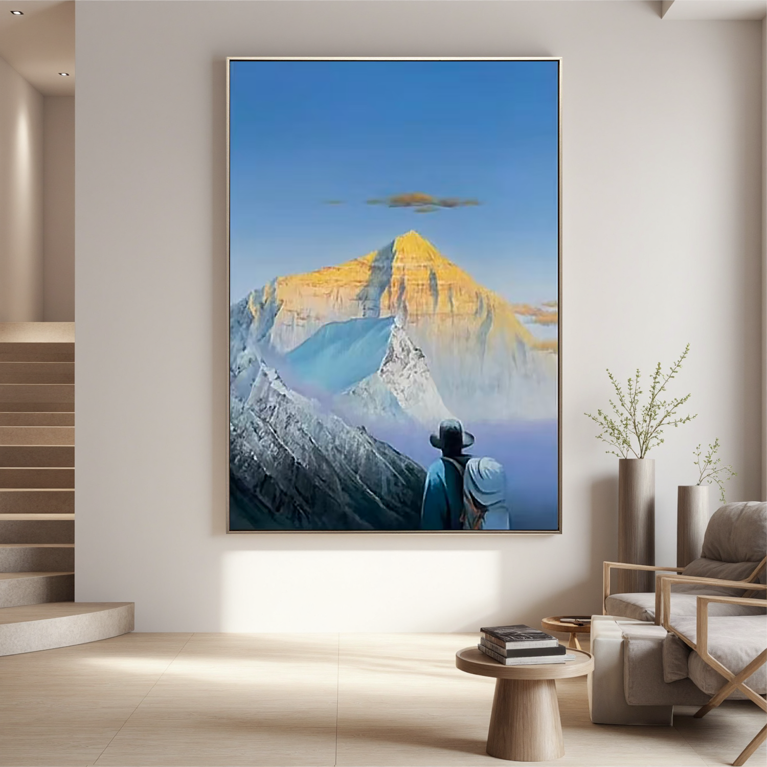 Golden Sunrise Snow Mountain Wall Art, Majestic Alpine Landscape Canvas Painting with Explorer for Living Room Decor #OA 0770