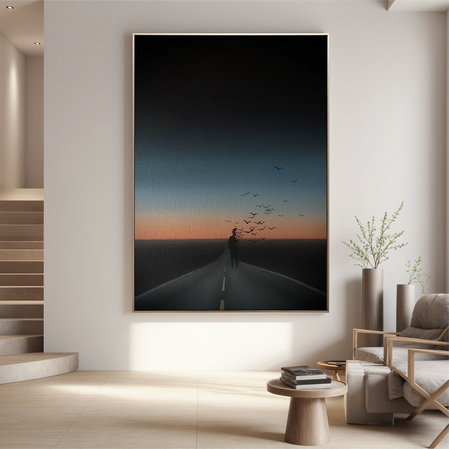 Surreal Lonely Road Wall Art with Flying Birds, Sunset Silhouette Landscape Canvas for Modern Living Room Decor #OA 0749