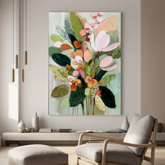 Pastel Floral Bouquet Oil Painting, Green Botanical Wall Art for Living Room Decor#OA 0511