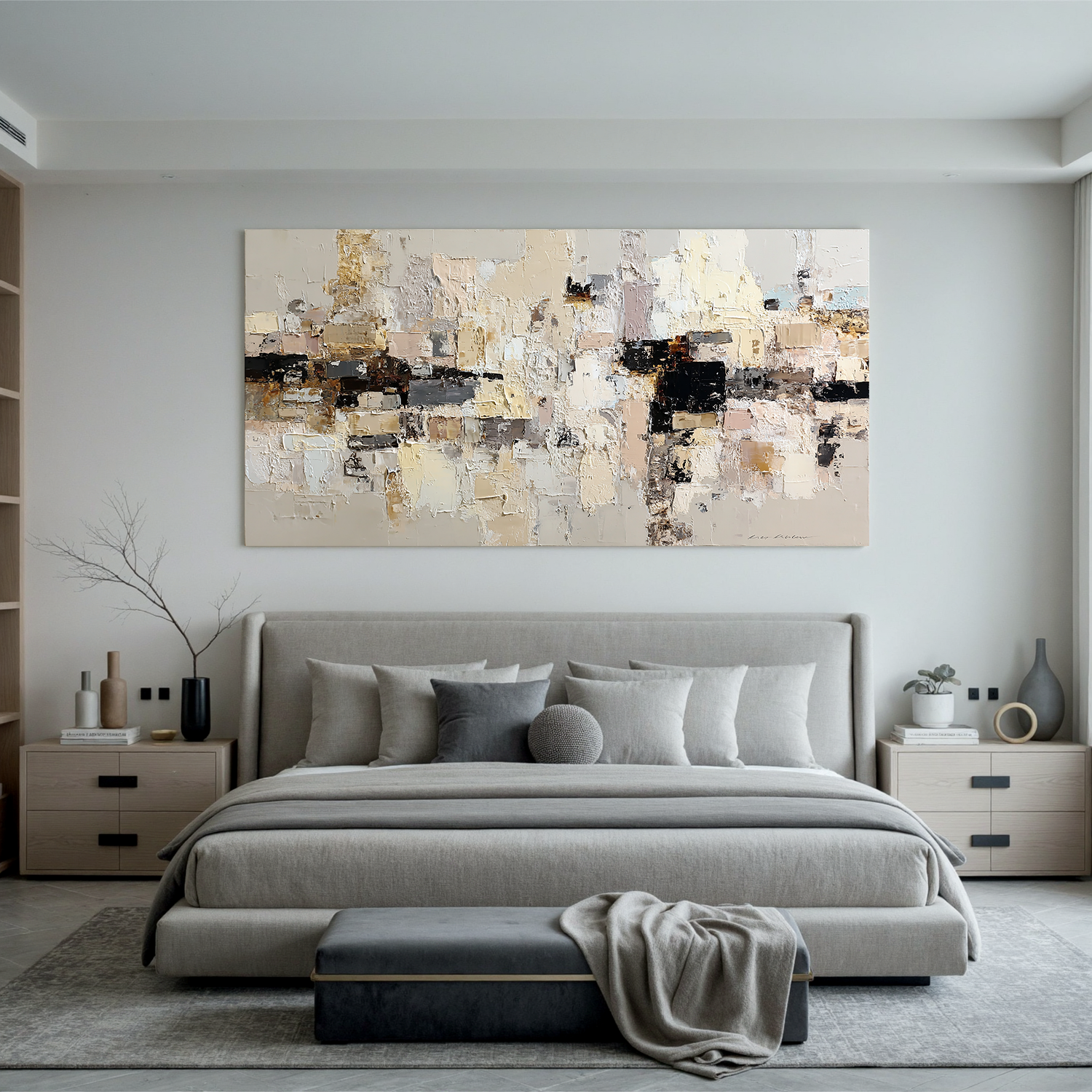 Large Neutral Textured Abstract Canvas Wall Art – Beige Cream Collage Painting for Modern Living Room Decor#OA 0881