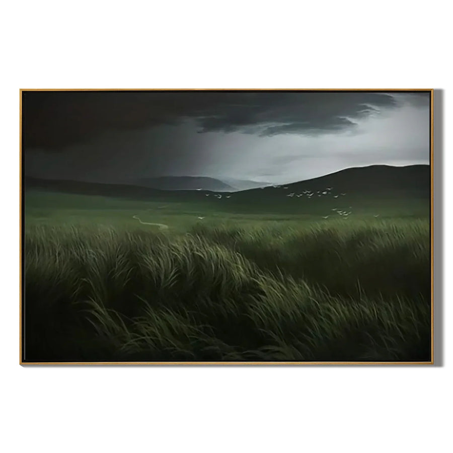 Hand-Painted Moody Landscape Oil Painting | Dark Green Meadow Wall Art for Modern Living Room Decor #OA 0909