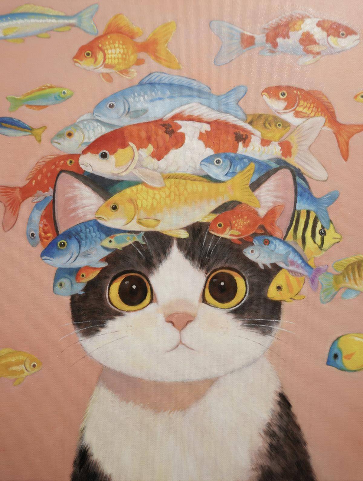 Boss Cat's Fish Hat（20''x 20''/ 50 x 50 CM/Frameless Stretched）