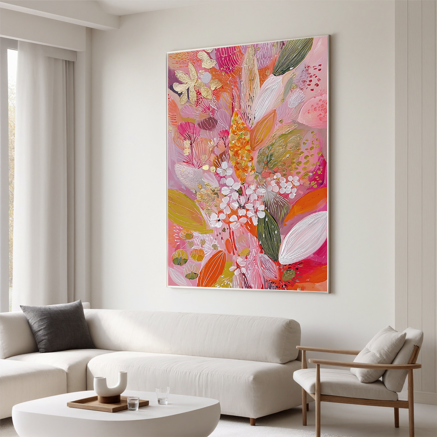 Pink Orange Floral Oil Painting, Colorful Botanical Wall Art for Living Room Decor #OA 0576