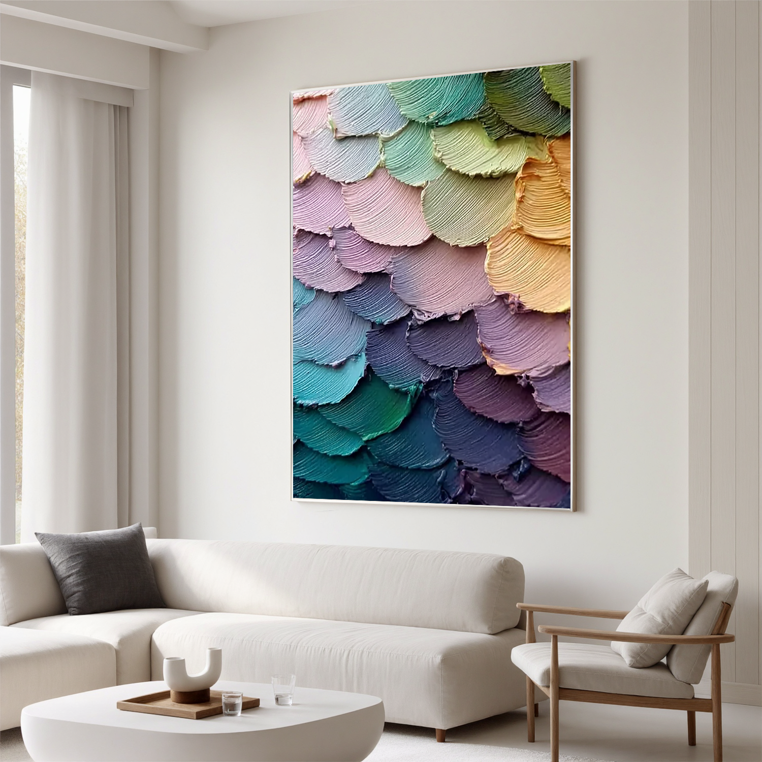 Textured Layered Abstract Oil Painting, Colorful Feather Wall Art for Living Room Decor#OA 0590