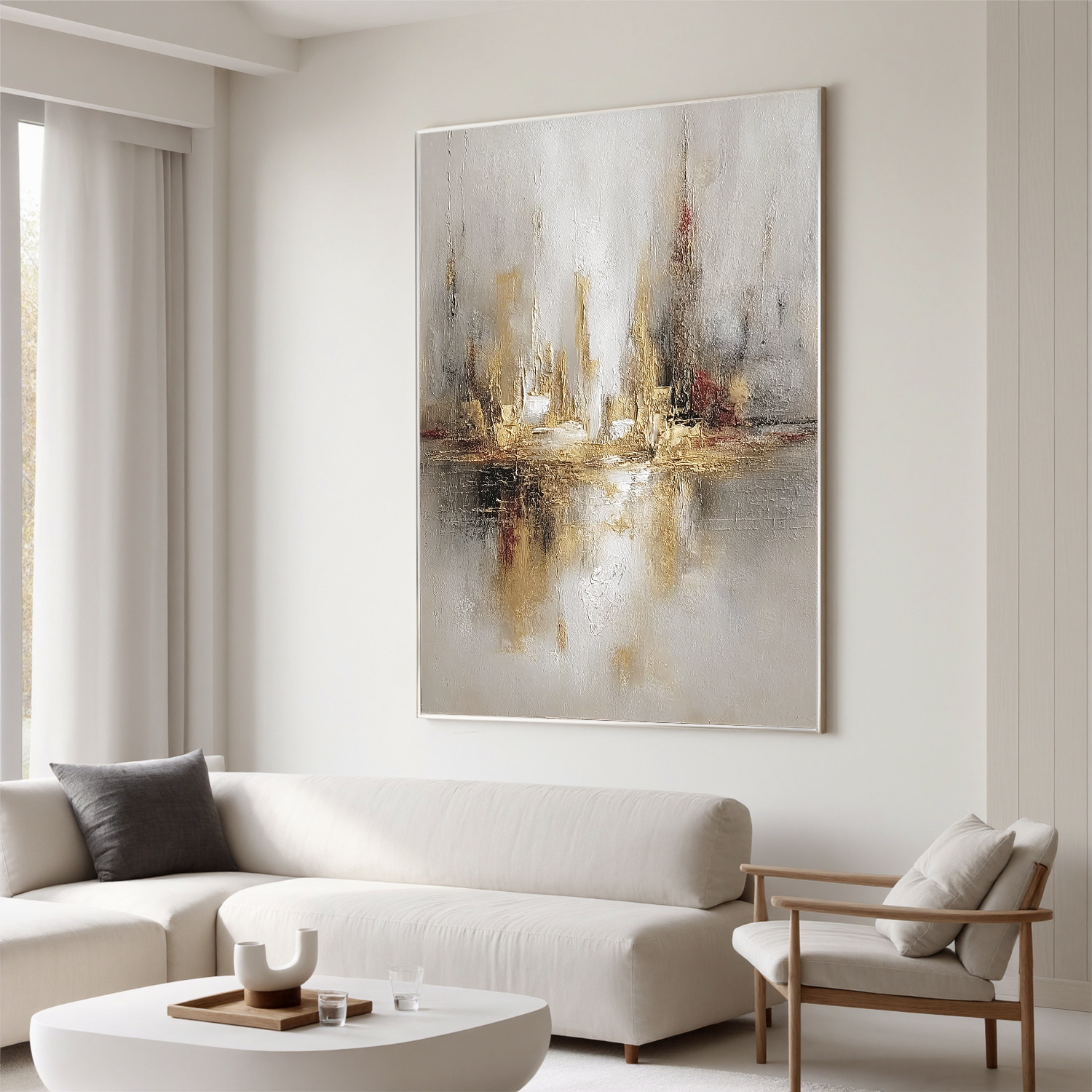 Abstract Cityscape Oil Painting, Neutral Gold Skyline Wall Art for Living Room Decor #OA 0575
