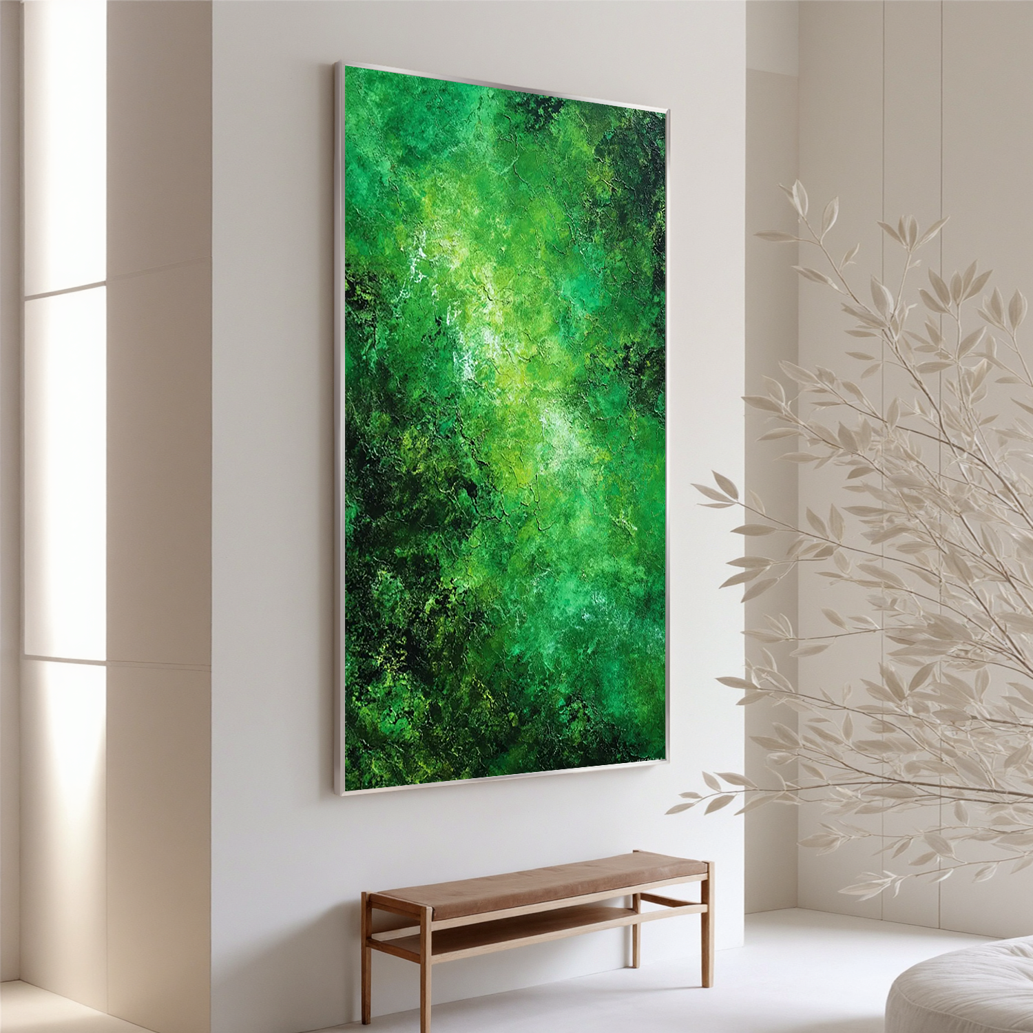 Green Abstract Oil Painting, Textured Forest Wall Art for Living Room Decor#OA 0602
