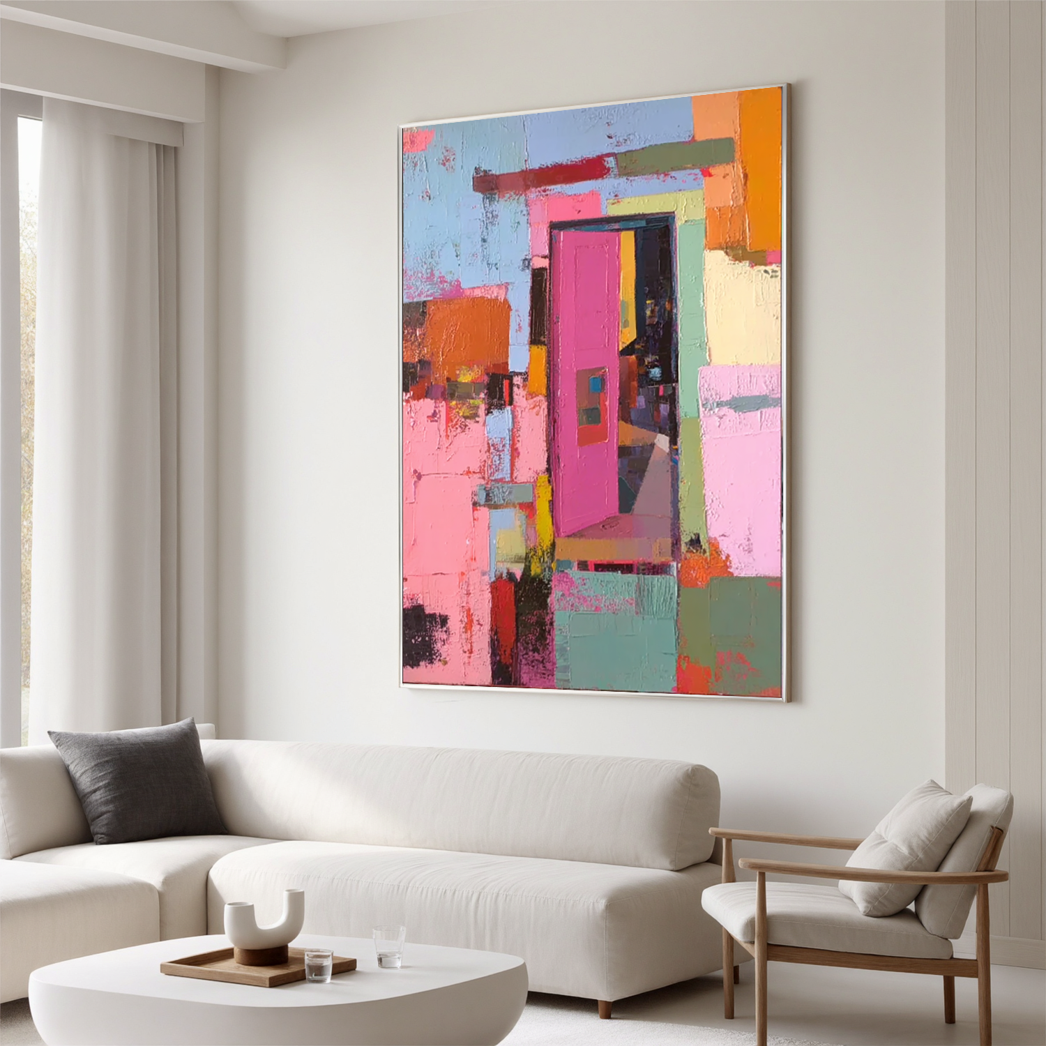 Colorful Door Oil Painting, Abstract Pink Door Wall Art for Living Room Decor#OA 0513