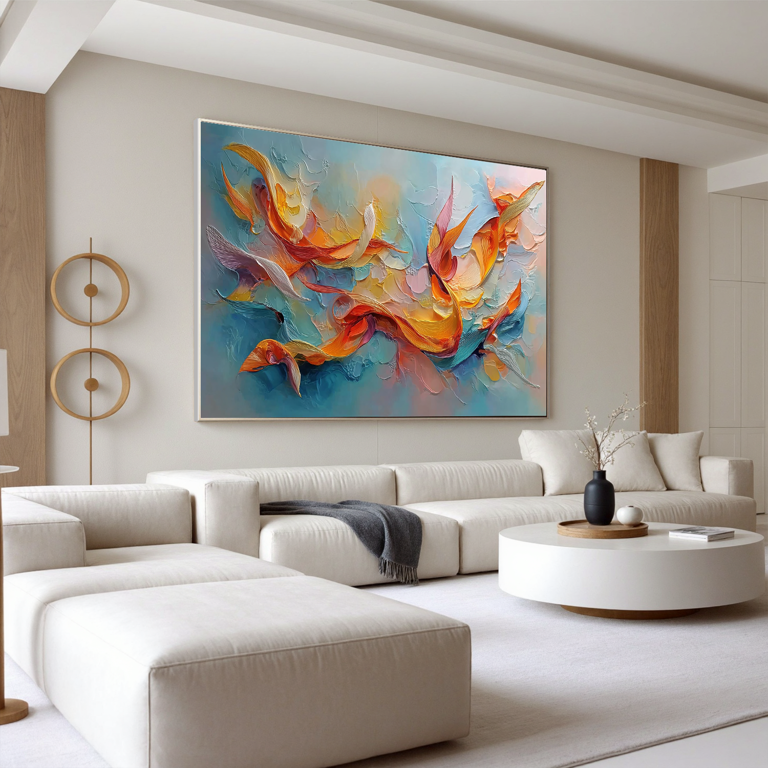 Abstract Fluid Oil Painting Canvas – Modern Orange Blue Wall Art for Living Room Contemporary Home Decor #OA 0472