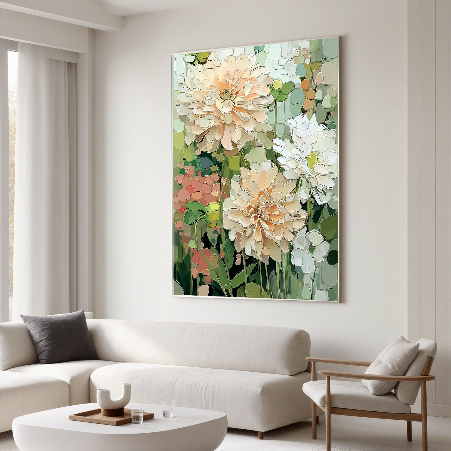 Soft Floral Oil Painting, Neutral Garden Flower Wall Art for Living Room Decor#OA 0523