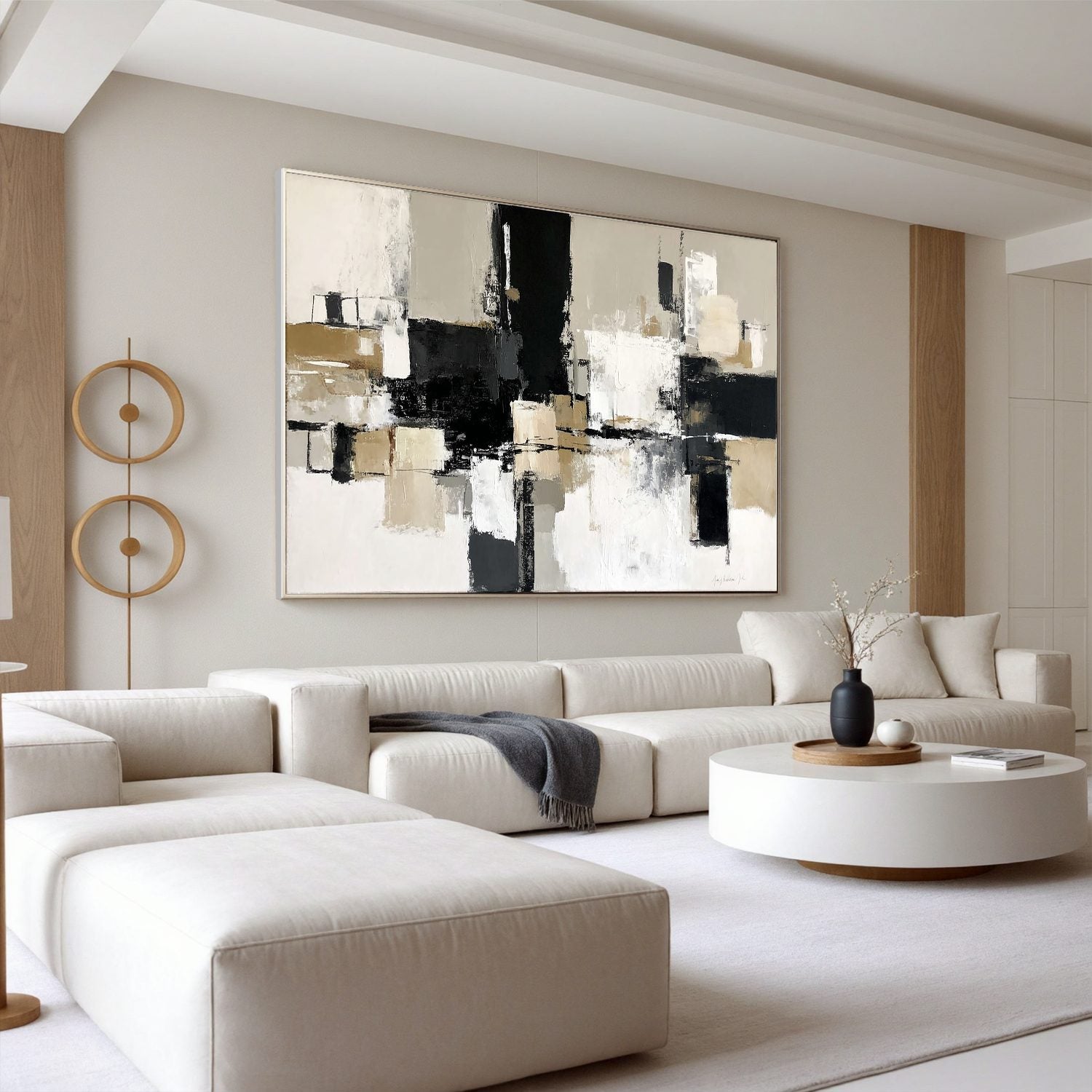 Modern Abstract Black and Beige Oil Painting | Large Neutral Wall Art for Living Room #OA 0008