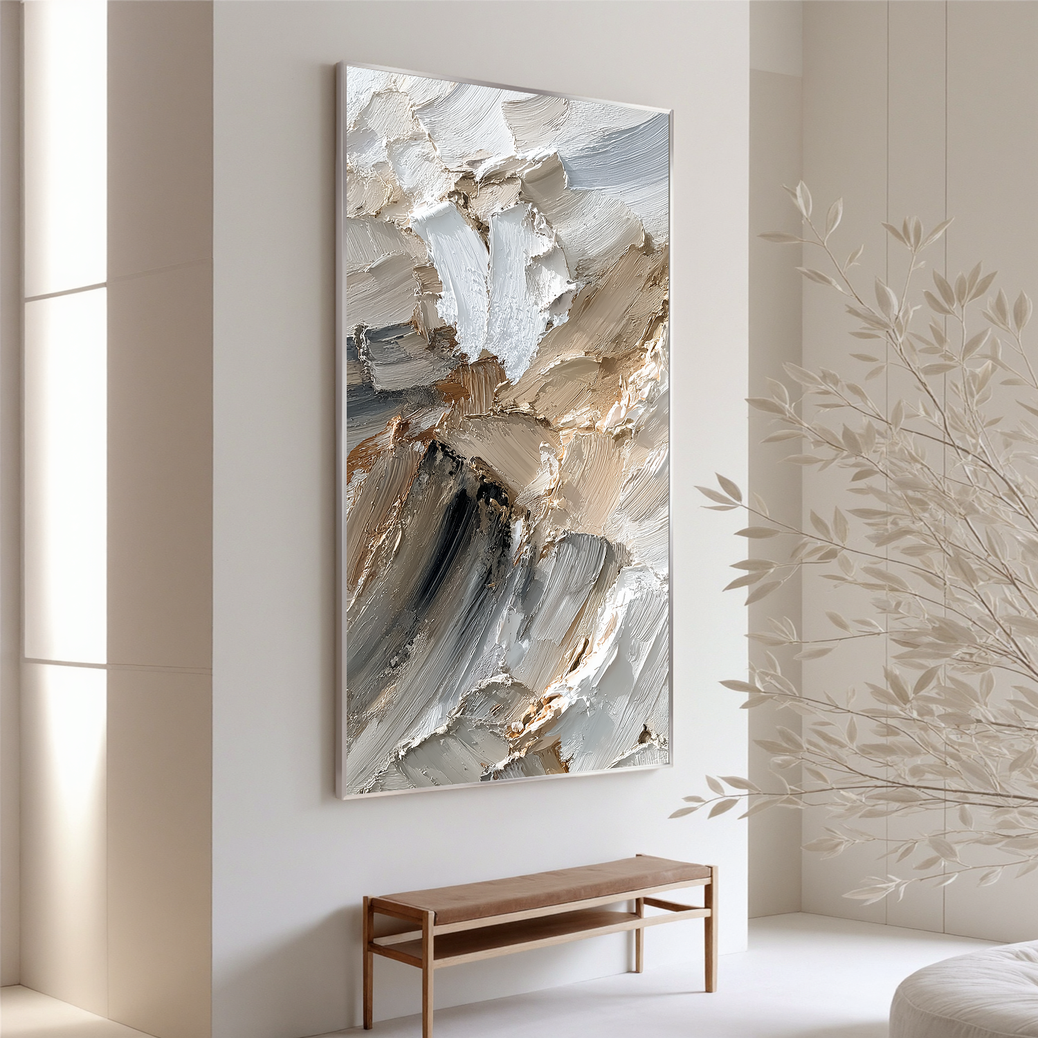 Neutral Textured Abstract Canvas Wall Art – Thick Impasto Painting in Beige Grey for Modern Home Decor#OA 0878