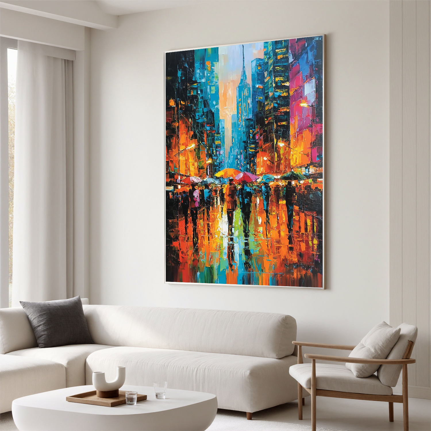 Colorful Rainy City Street Oil Painting, Abstract Urban Wall Art for Living Room Decor#OA 0528