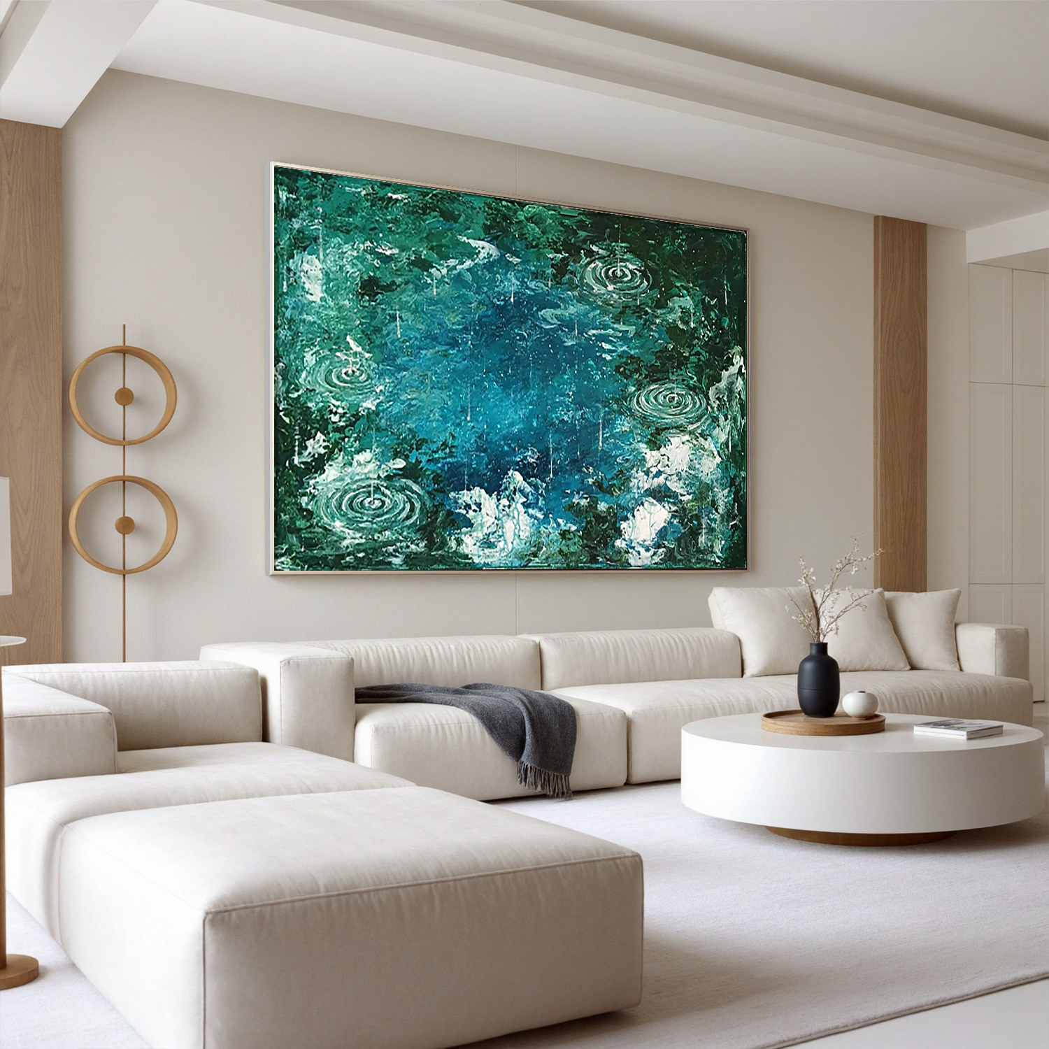Teal Rain Ripple Oil Painting, Abstract Water Wall Art for Living Room Decor#OA 0609