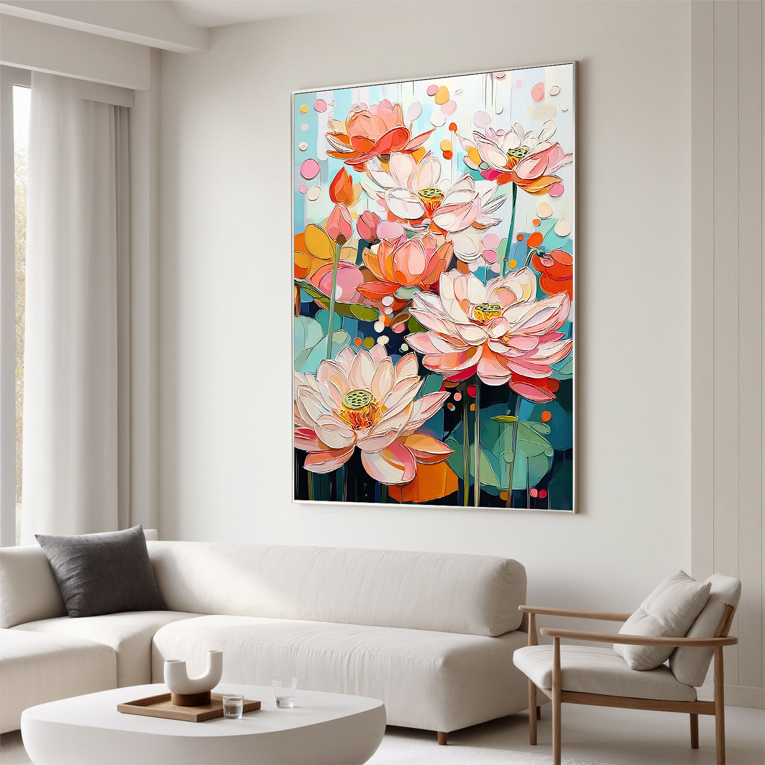 Colorful Lotus Flower Oil Painting, Pink Floral Wall Art for Living Room Decor #OA 0538