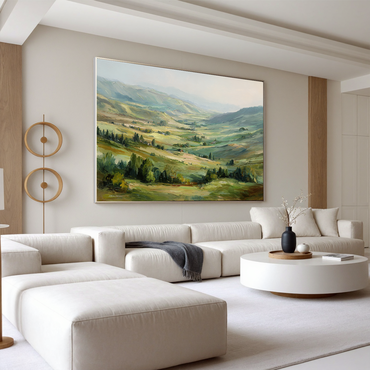 Large Rolling Hills Landscape Oil Painting – Scenic Green Valley Canvas Wall Art#OA 0893