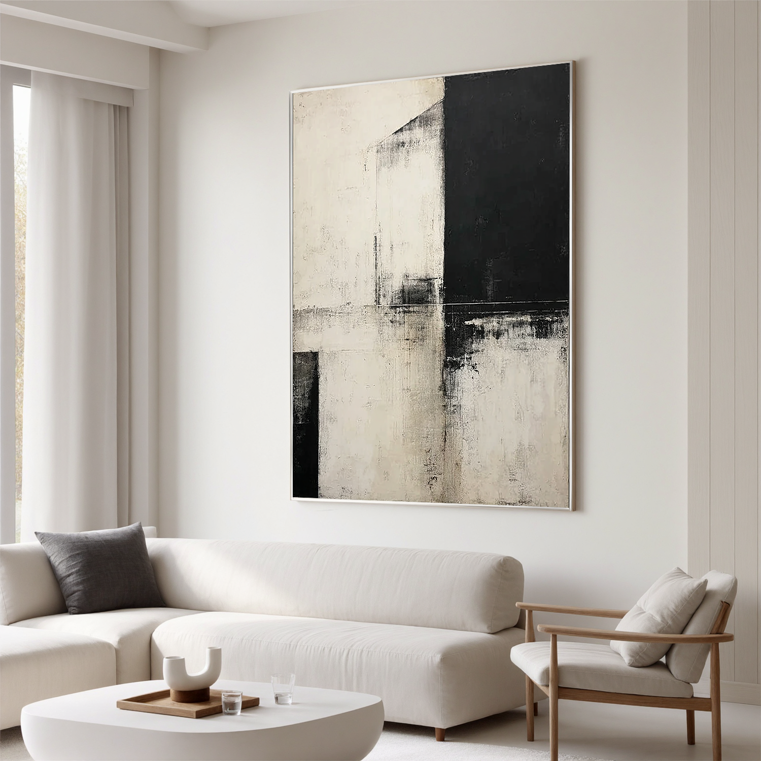 Black and White Abstract Oil Painting Canvas – Minimalist Geometric Wall Art for Modern Living Room Decor#OA 0548