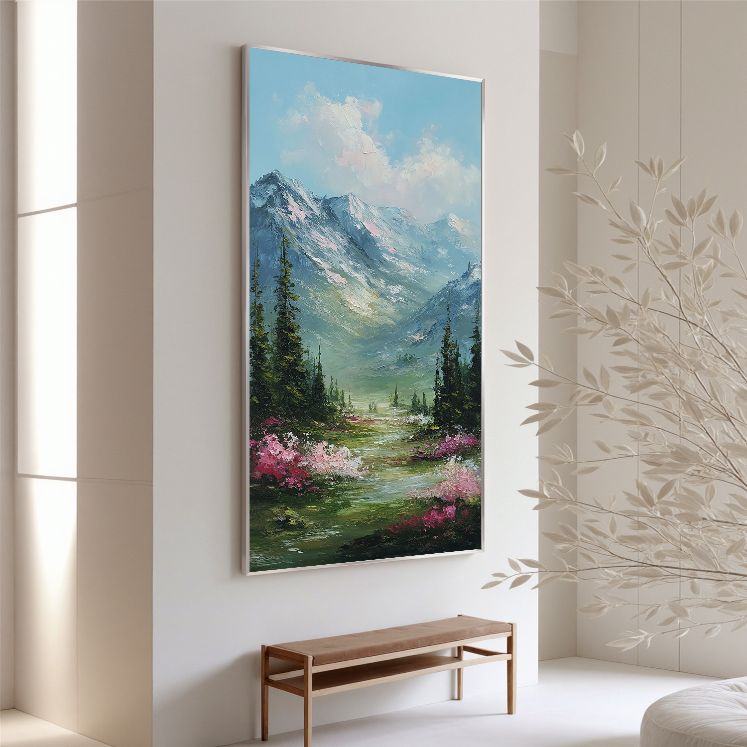 Vertical Mountain Landscape Oil Painting – Scenic Forest Valley Canvas Wall Art#OA 0890
