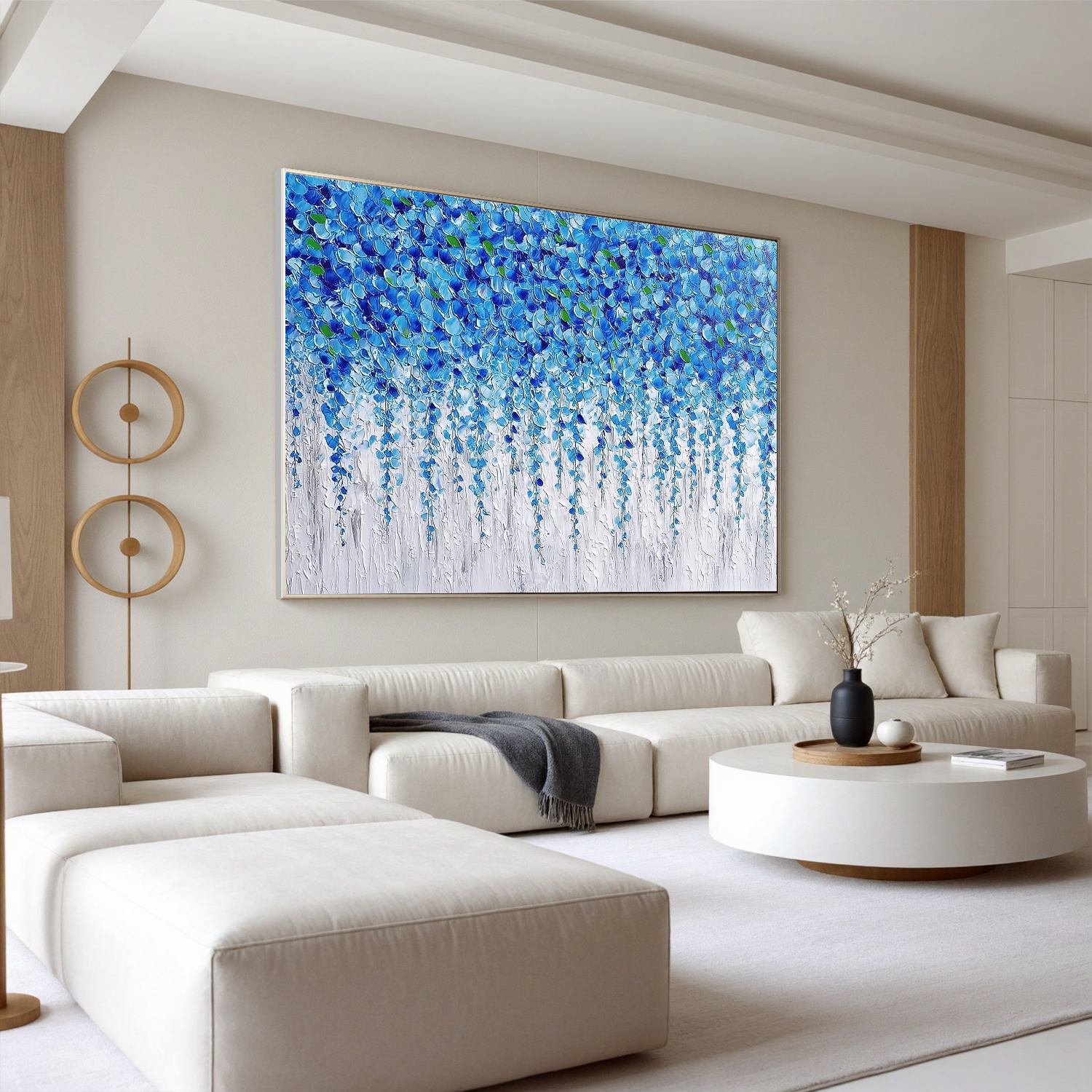 Blue Floral Abstract Wall Art, Textured Flower Cascade Canvas Painting for Living Room Décor #OA 0402