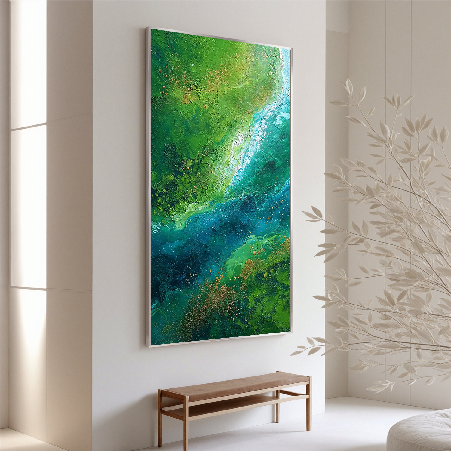 Green and Blue Abstract Oil Painting, Textured Nature Wall Art for Living Room Decor #OA 0599