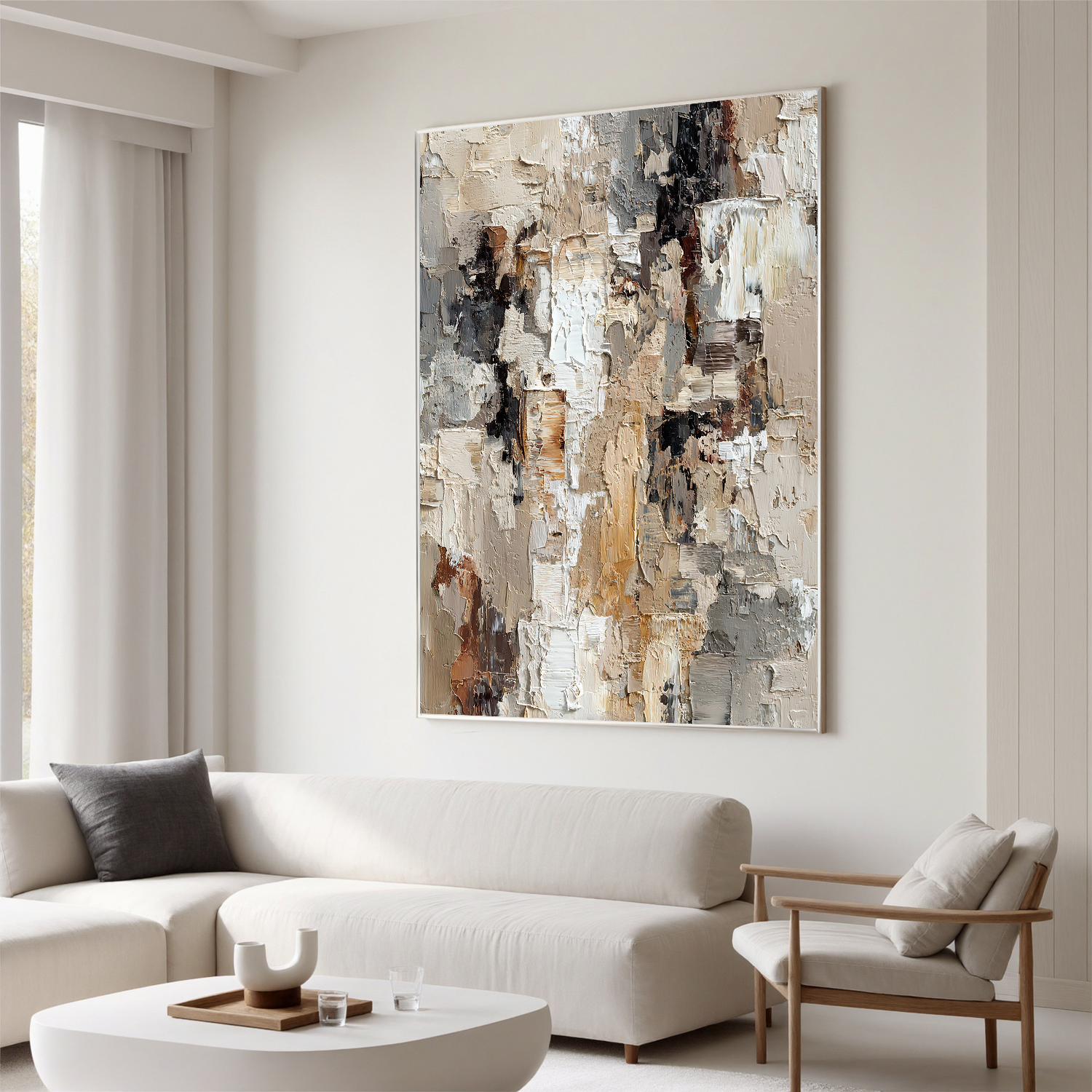 “Neutral Textured Abstract Wall Art – Beige Gray Modern Canvas Painting for Living Room Decor”#OA 825