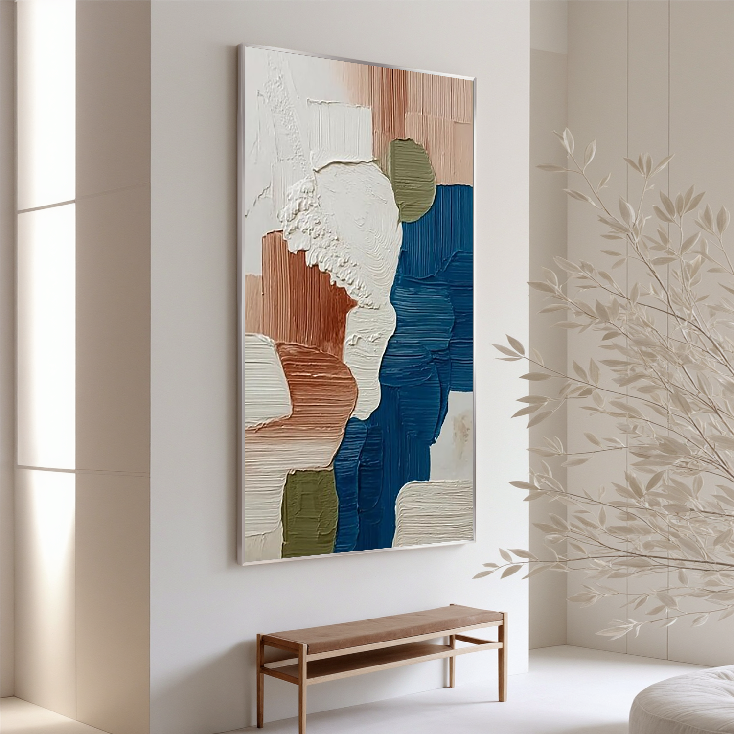 Large Textured Abstract Wall Art – Modern Neutral & Blue Palette Canvas Painting for Contemporary Living Room Decor