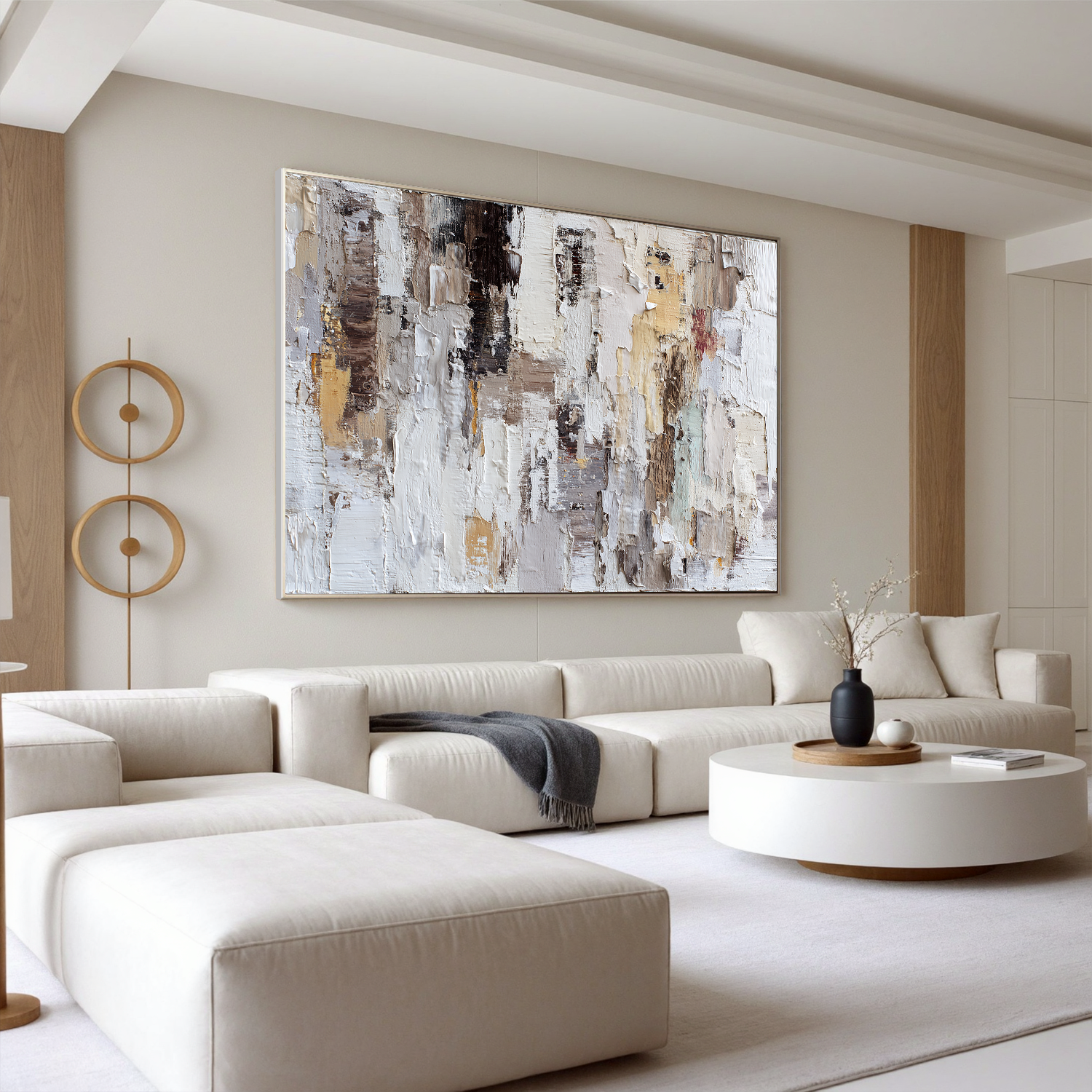 Large Horizontal Neutral Textured Wall Art – Beige Brown Abstract Canvas for Modern Living Room Decor#OA 0835