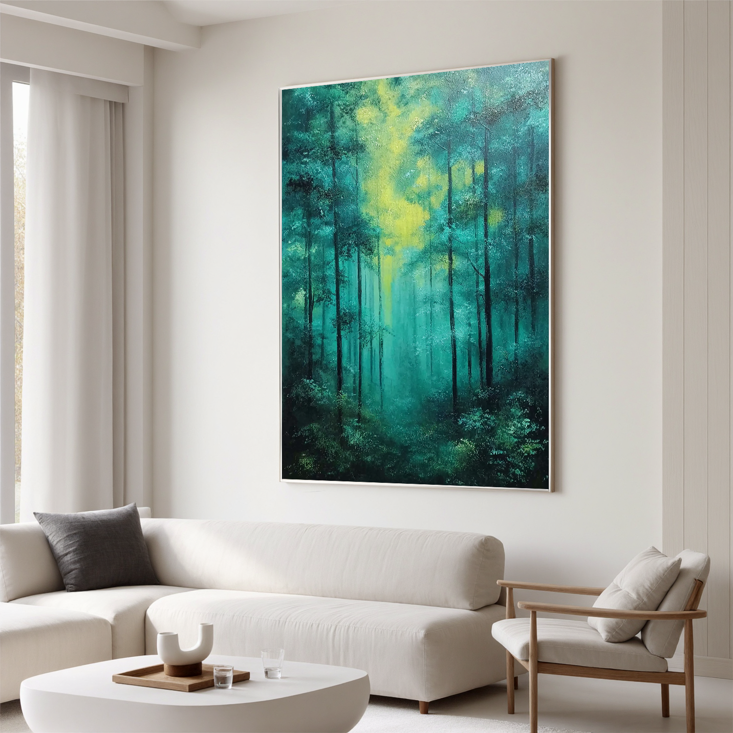 Misty Forest Oil Painting, Green Woodland Landscape Wall Art for Living Room Decor#OA 0592