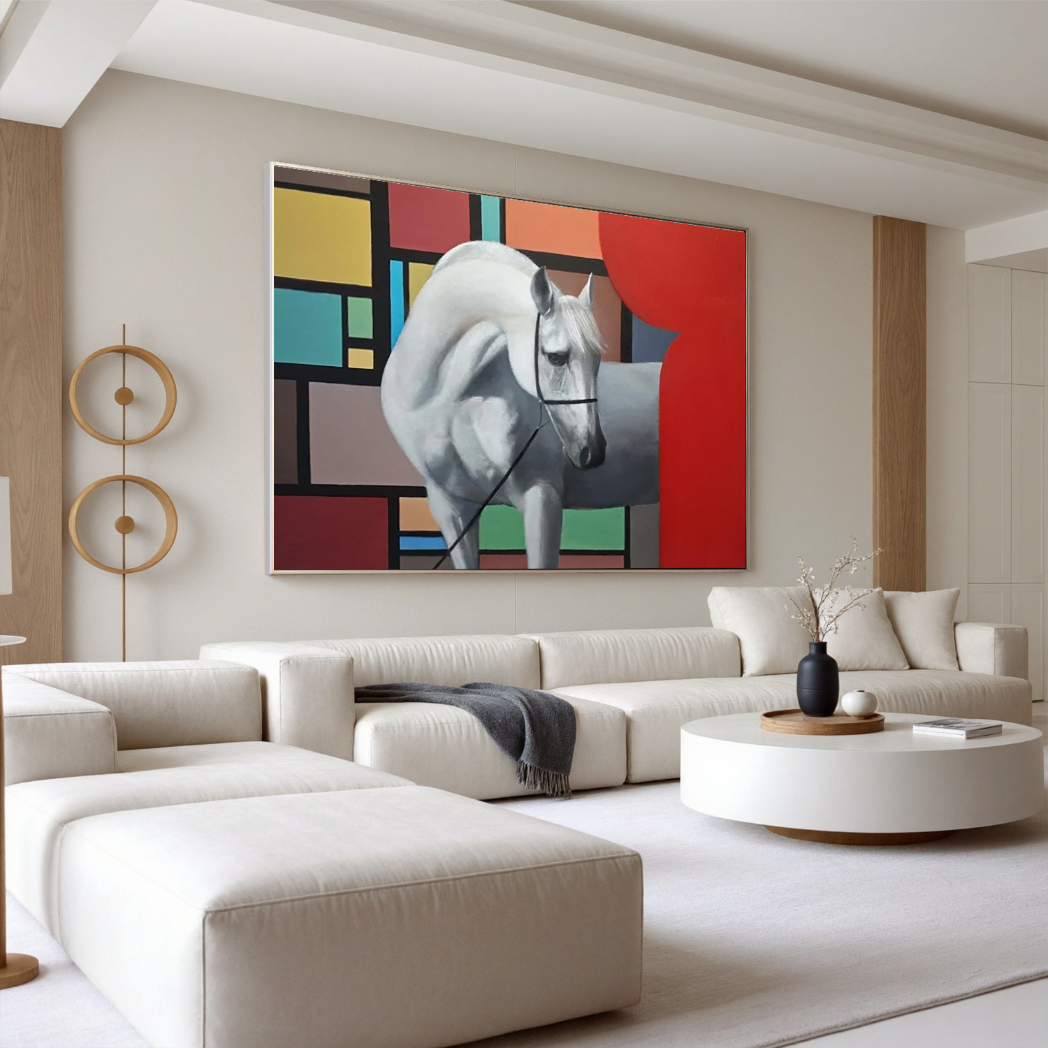 White Horse and Color Blocks-Modern White Horse Abstract Wall Art