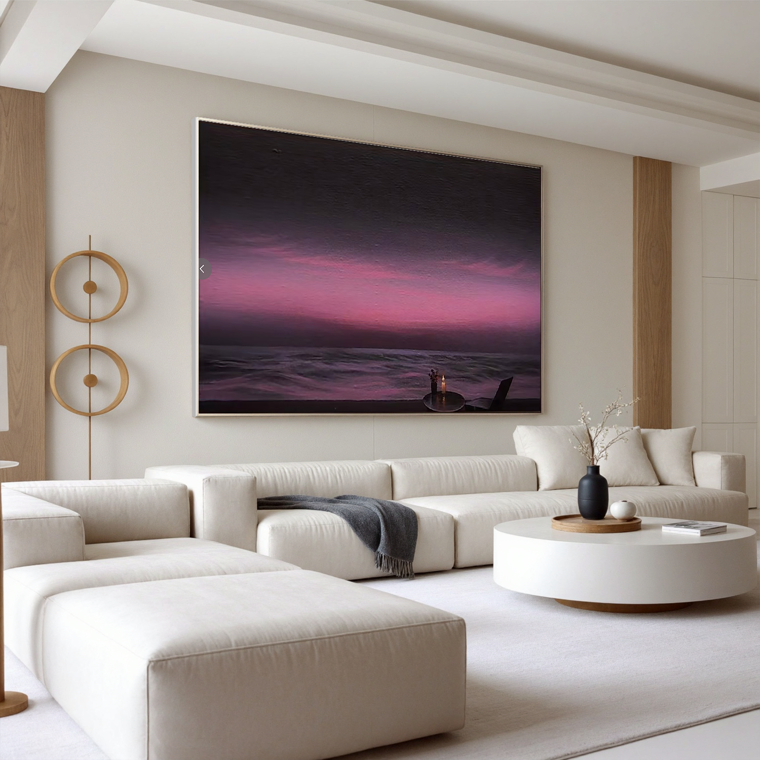Romantic Purple Sunset Seascape Wall Art, Candlelit Ocean View Canvas Painting for Living Room Decor #OA 0732