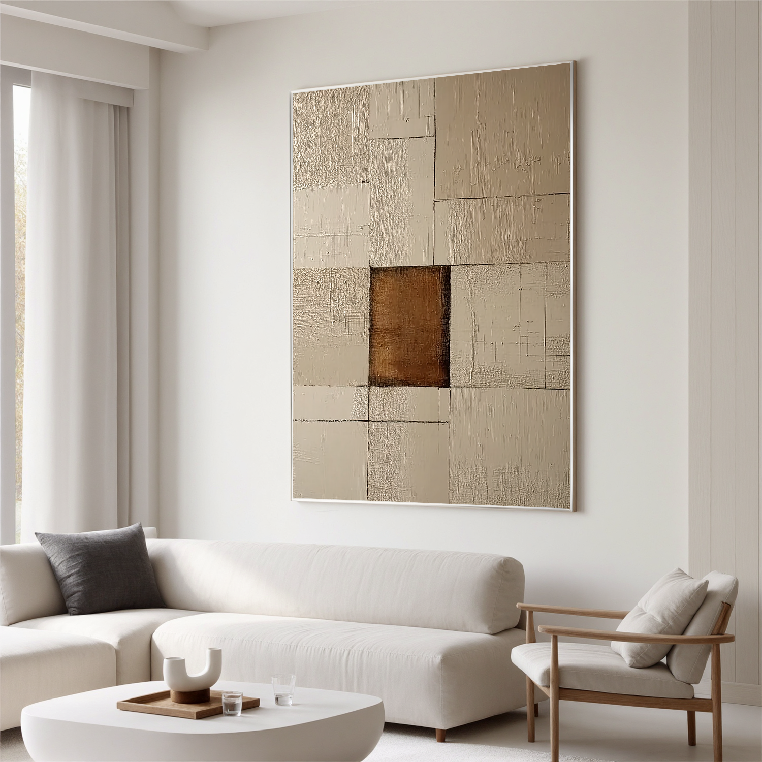 Neutral Minimalist Abstract Oil Painting, Beige and Brown Wall Art for Living Room Decor #OA 0558