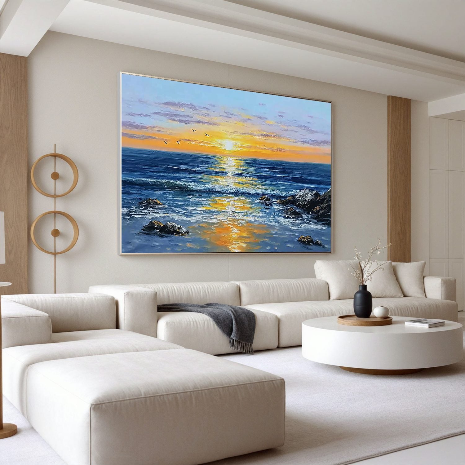 Ocean Sunset Wall Art, Blue Seascape Canvas Painting with Golden Reflection for Living Room Décor #OA 0404