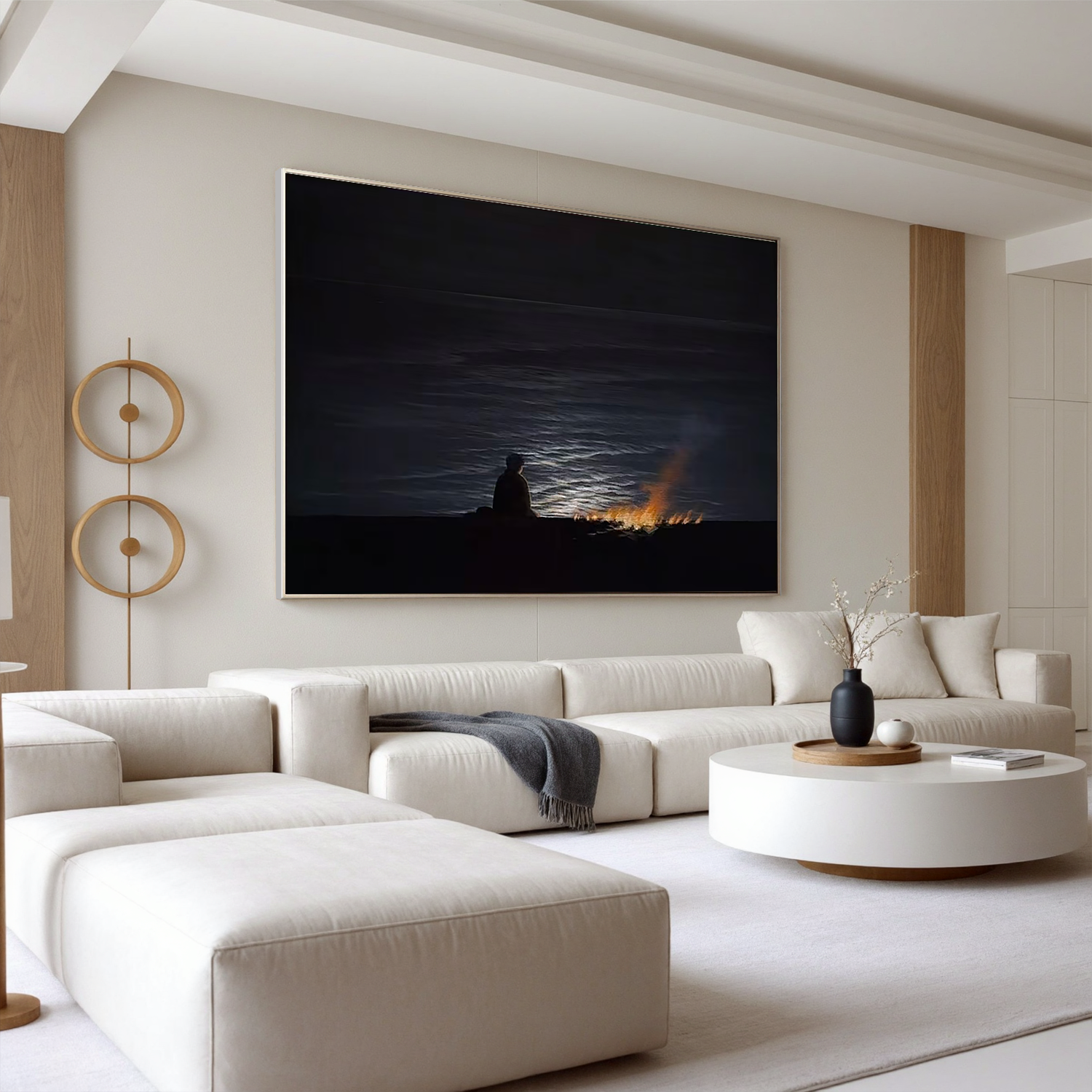 Moonlit Seascape Wall Art, Solitary Figure by Bonfire at Night Ocean Canvas Painting for Living Room Decor #OA 0730