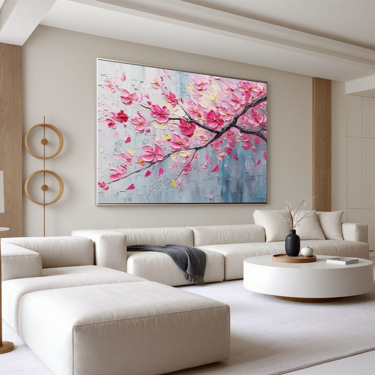 Cherry Blossom Branch Wall Art, Pink Textured Floral Canvas Painting for Living Room Décor #OA 0420