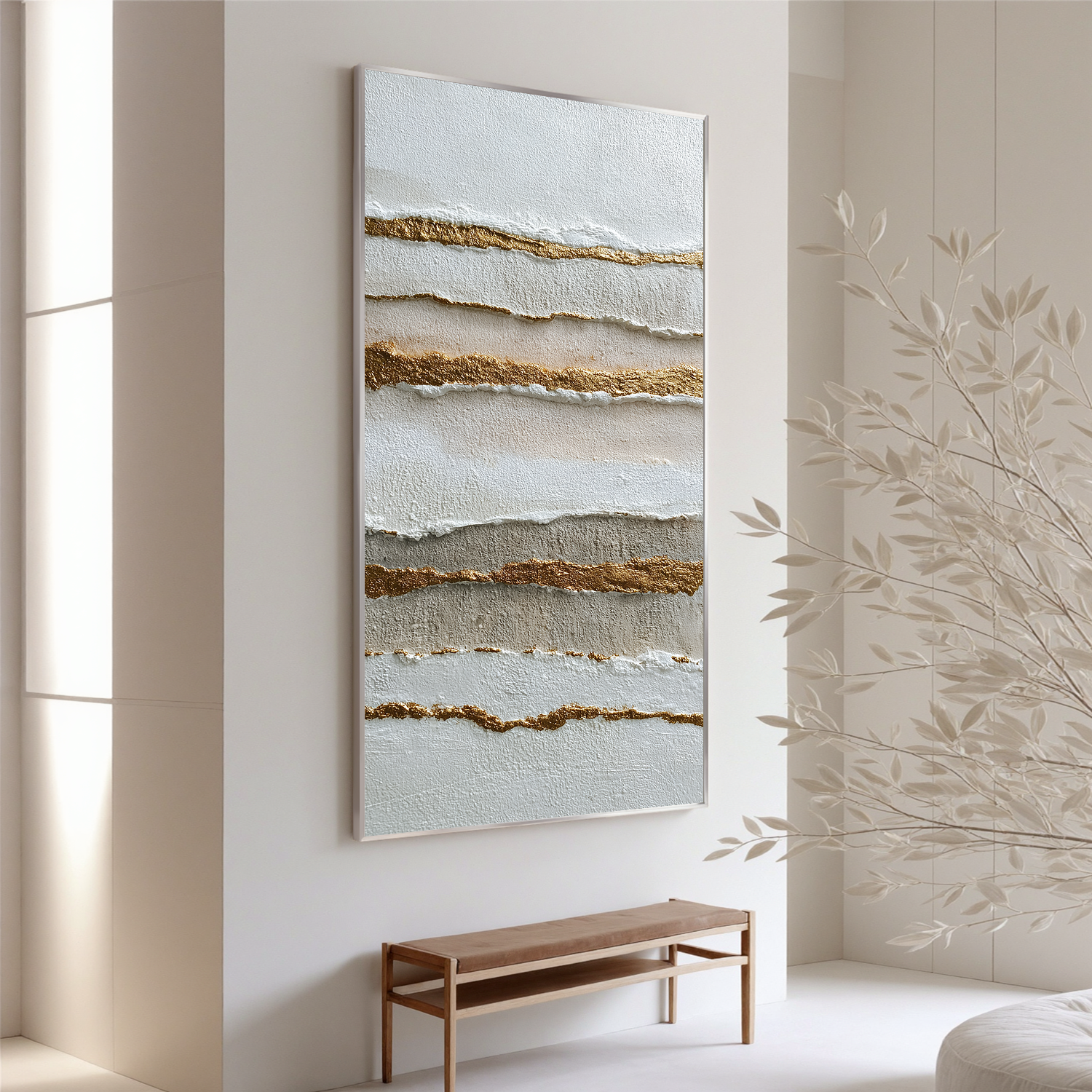Minimalist Abstract Texture Canvas Wall Art – Neutral Beige White and Gold Vertical Painting for Modern Living Room Decor#OA 0869