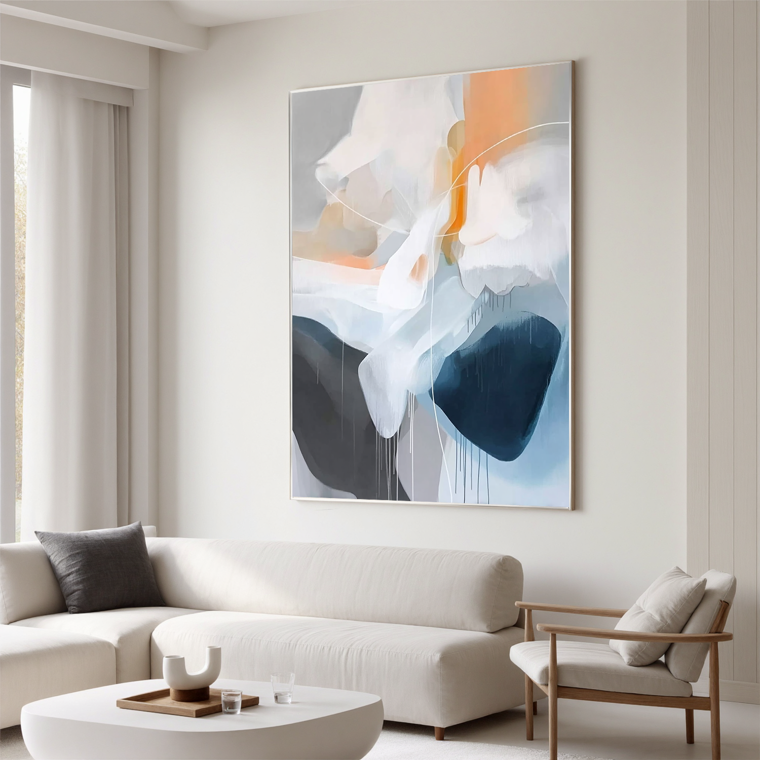 Soft Abstract Oil Painting, Blue Gray and Orange Modern Wall Art for Living Room Decor #OA 0552