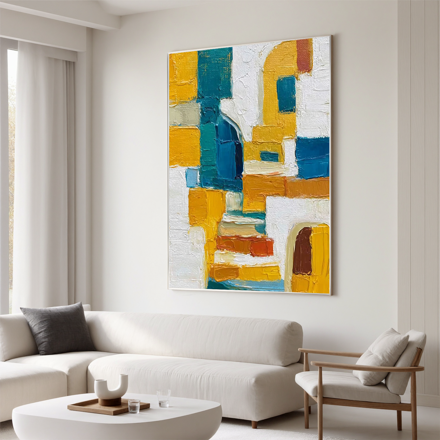 Abstract Geometric Oil Painting, Yellow and Blue Textured Wall Art for Living Room Decor#OA 0537