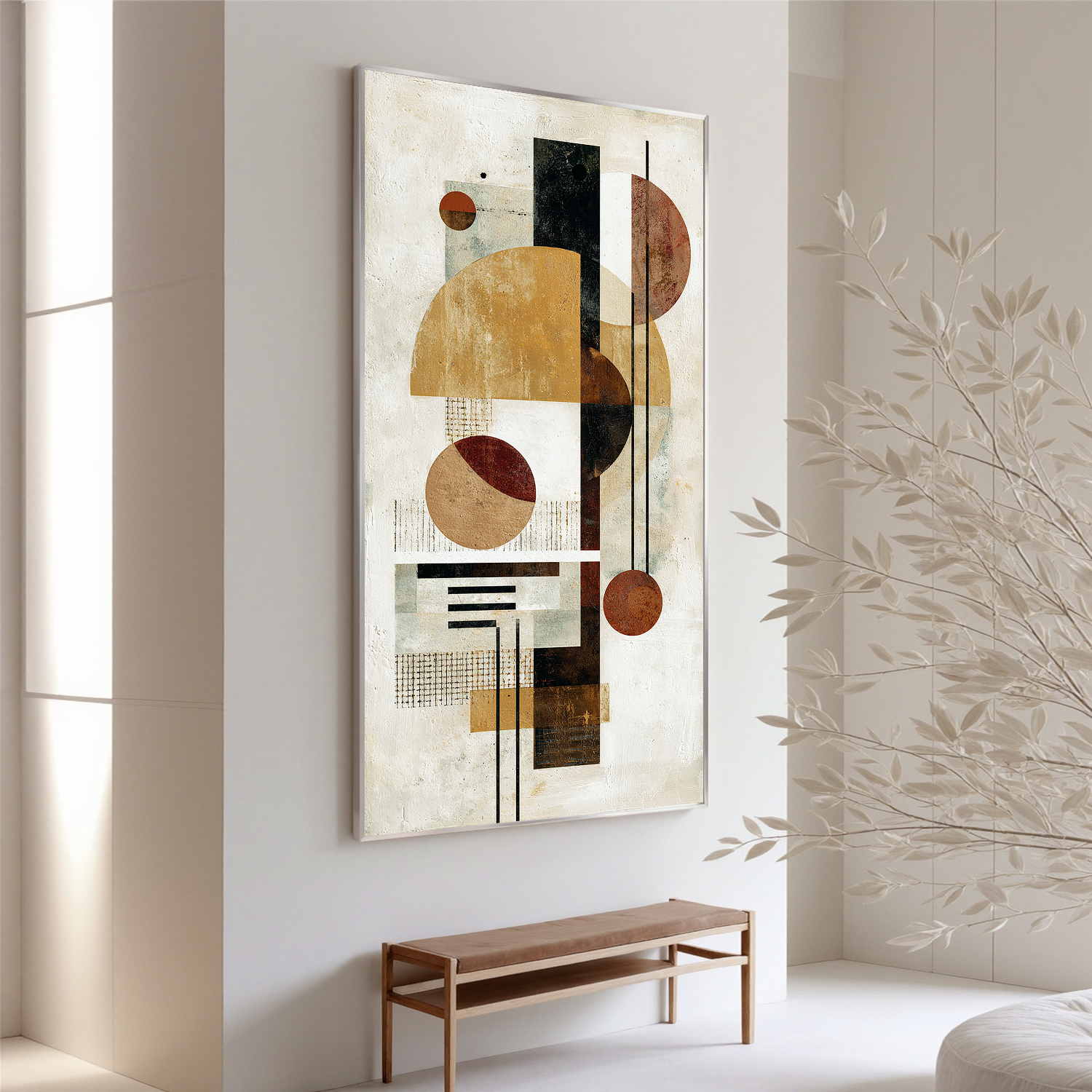 Mid Century Modern Geometric Abstract Canvas Wall Art – Neutral Beige and Rust Vertical Bauhaus Style Painting for Living Room Decor#OA 0863