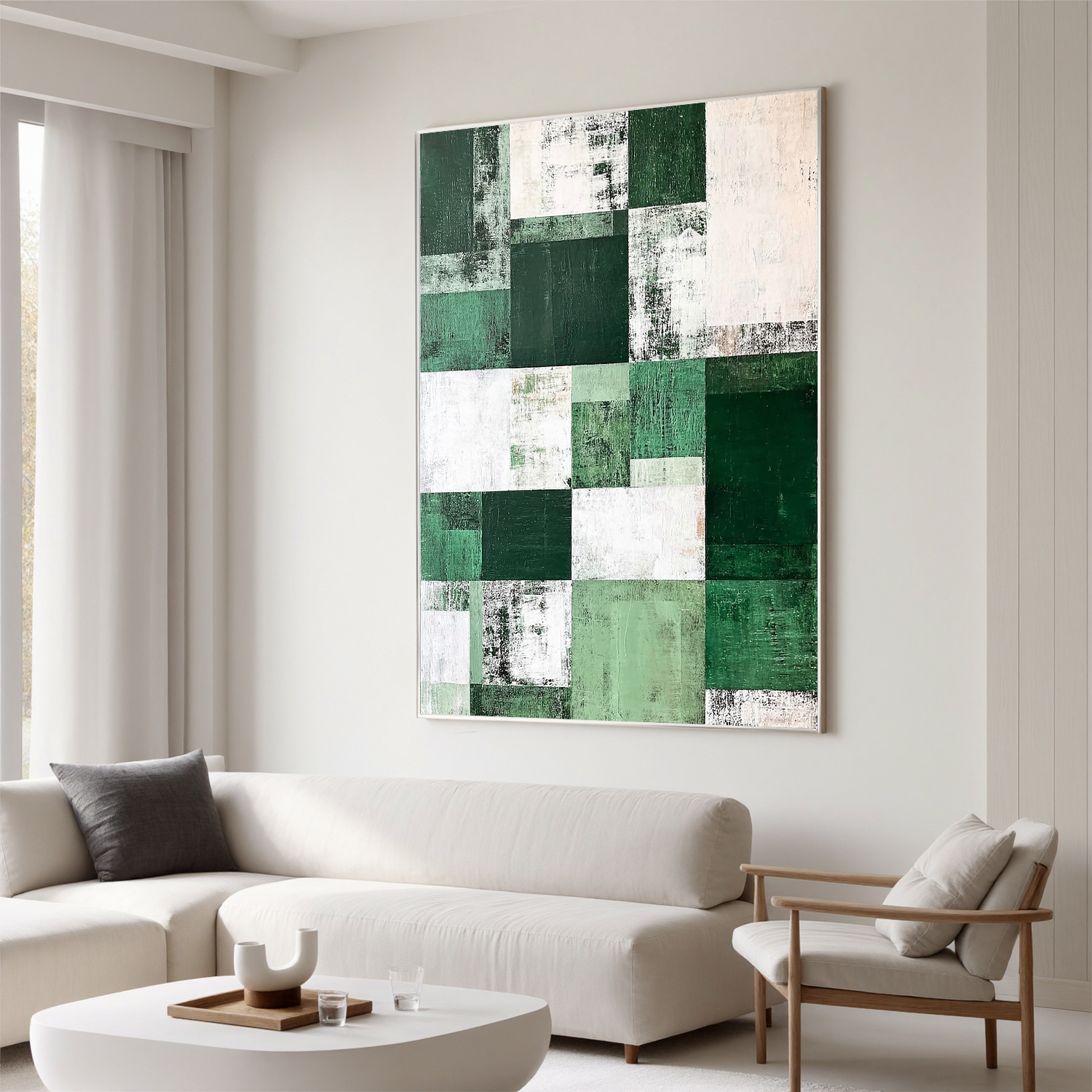 Green and White Abstract Oil Painting, Minimalist Geometric Wall Art for Living Room Decor#OA 0567