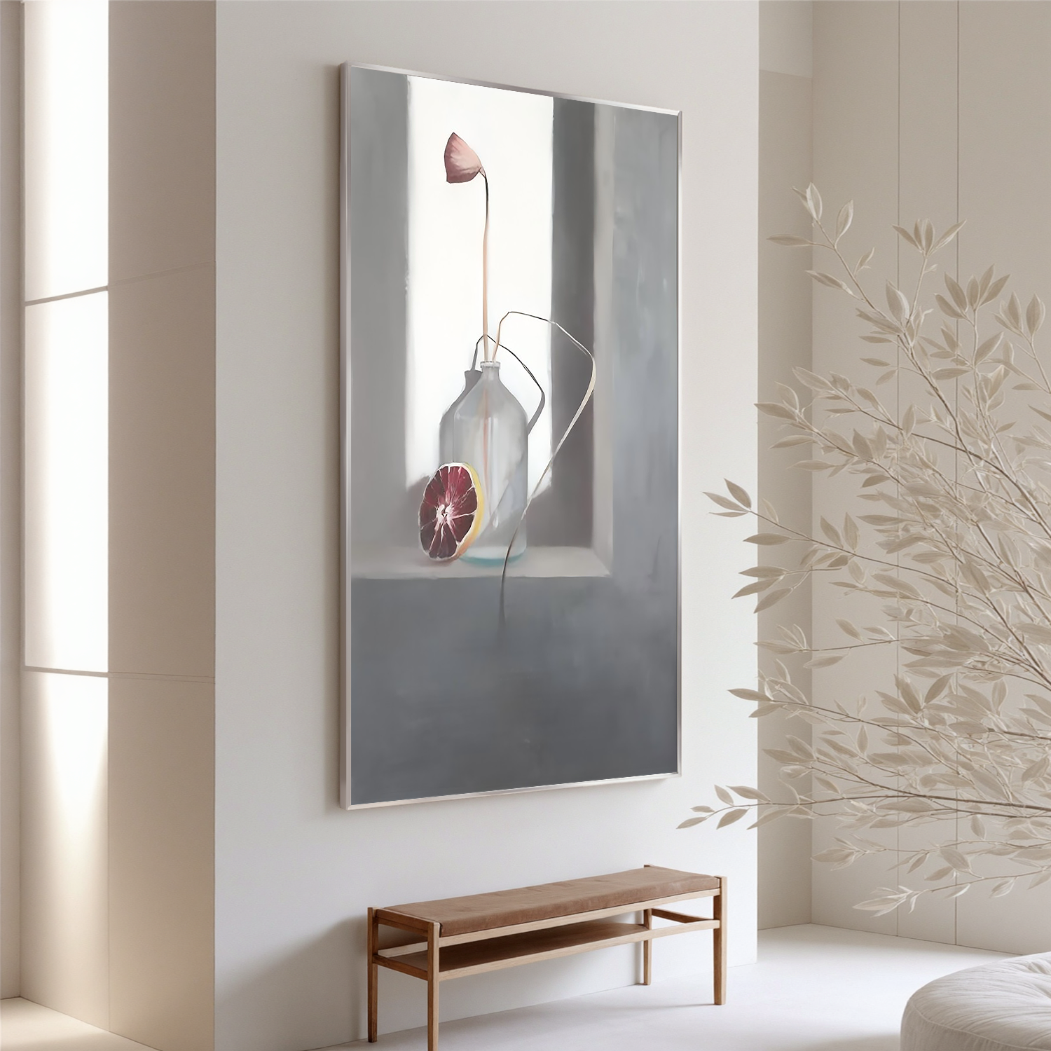 Bottle with Grapefruit-Minimalist Bottle Still Life Wall Art