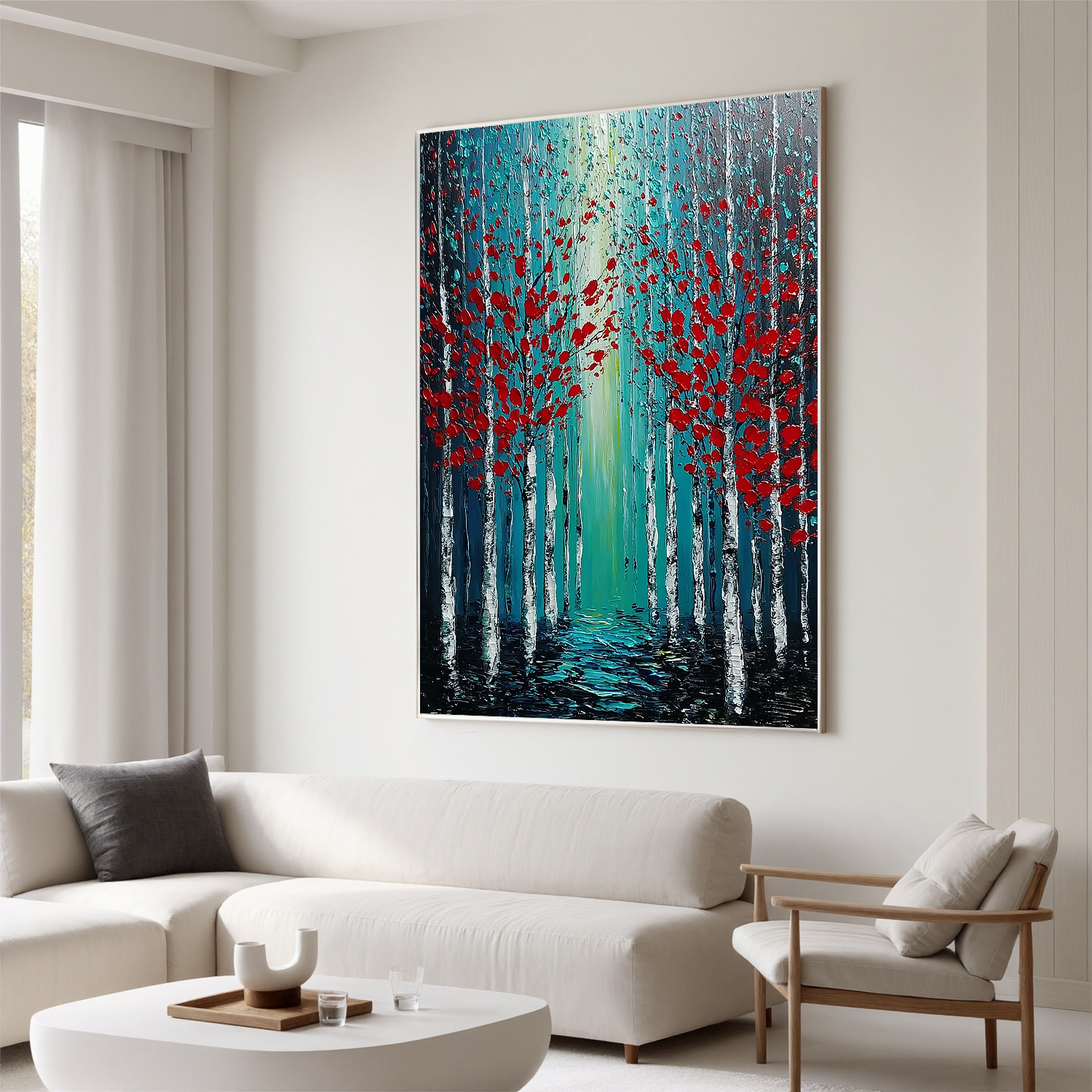 Red Leaf Forest Oil Painting, Blue Woodland Landscape Wall Art for Living Room Decor #OA 0578