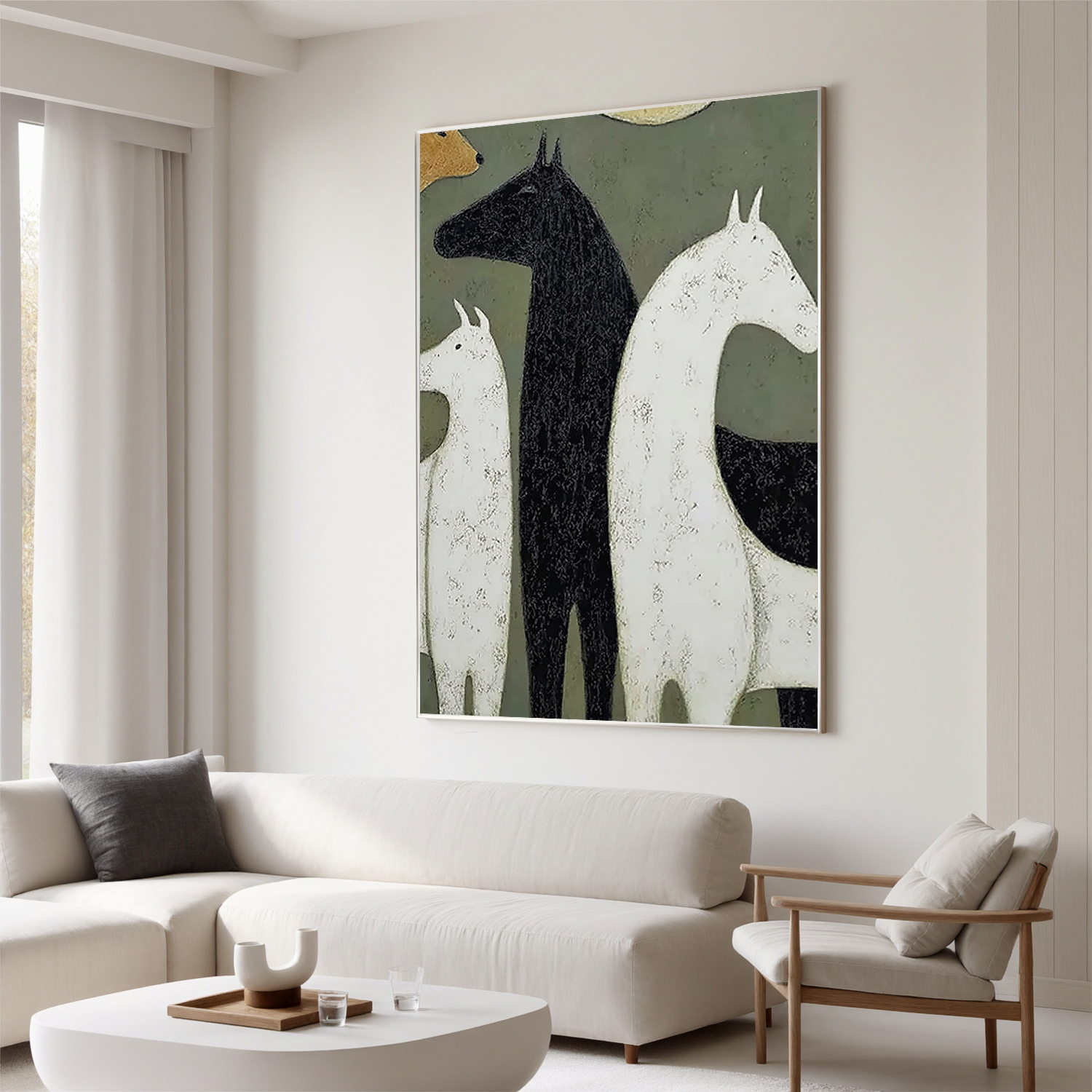 Minimalist Horse Oil Painting, Modern Black and White Equine Wall Art for Living Room Decor#OA 0545