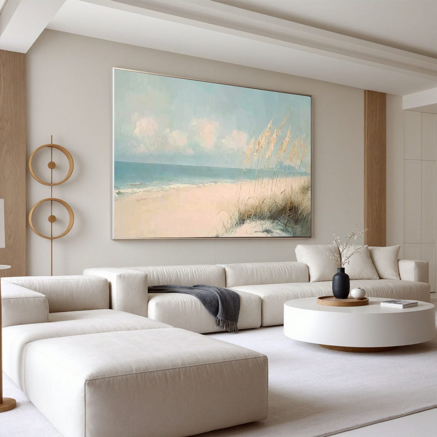 Soft Coastal Beach Wall Art, Serene Ocean Seascape Canvas Painting for Living Room Décor #OA 0419