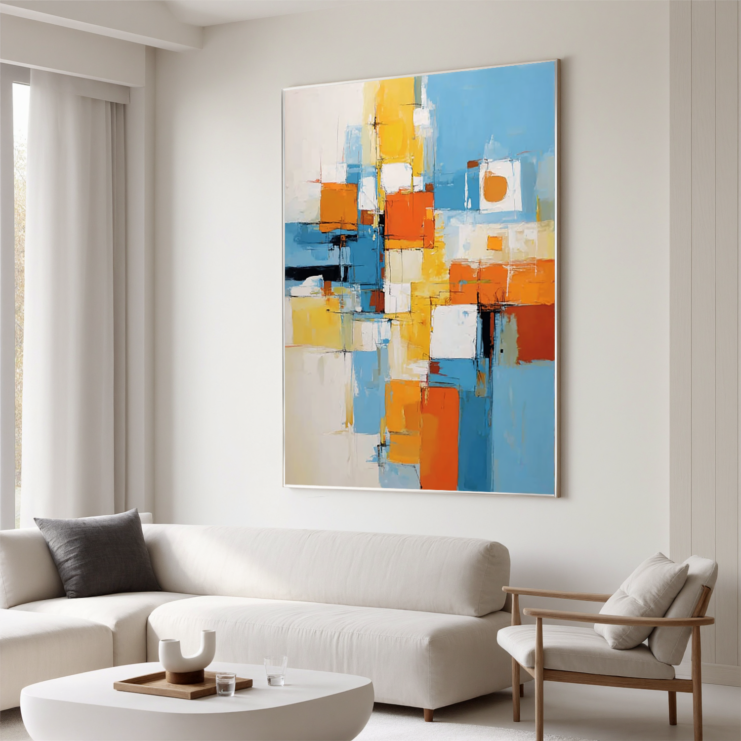 Blue and Orange Abstract Oil Painting, Modern Geometric Wall Art for Living Room Decor#OA 0535