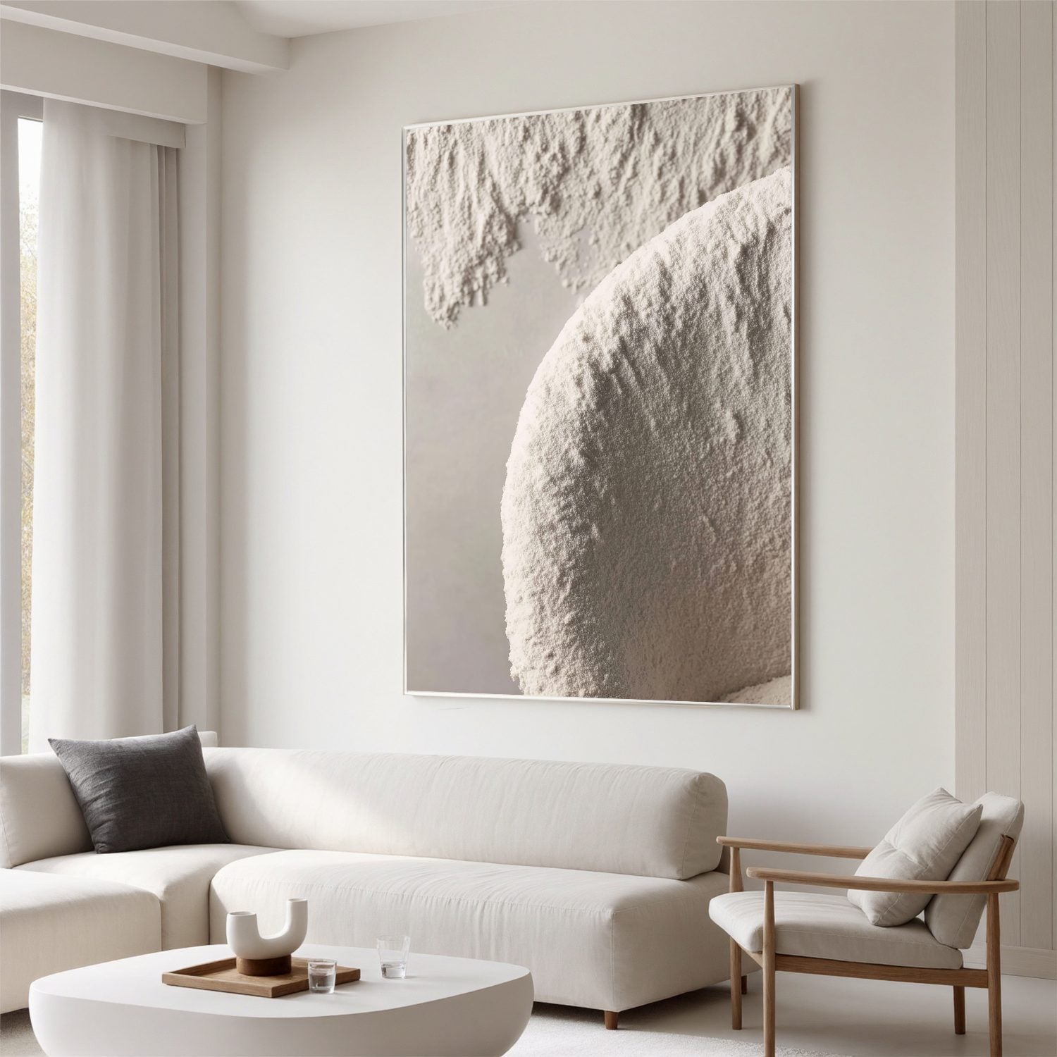 Minimal White Textured Abstract Wall Art, Neutral Arc Canvas Painting for Modern Living Room Décor #OA0001