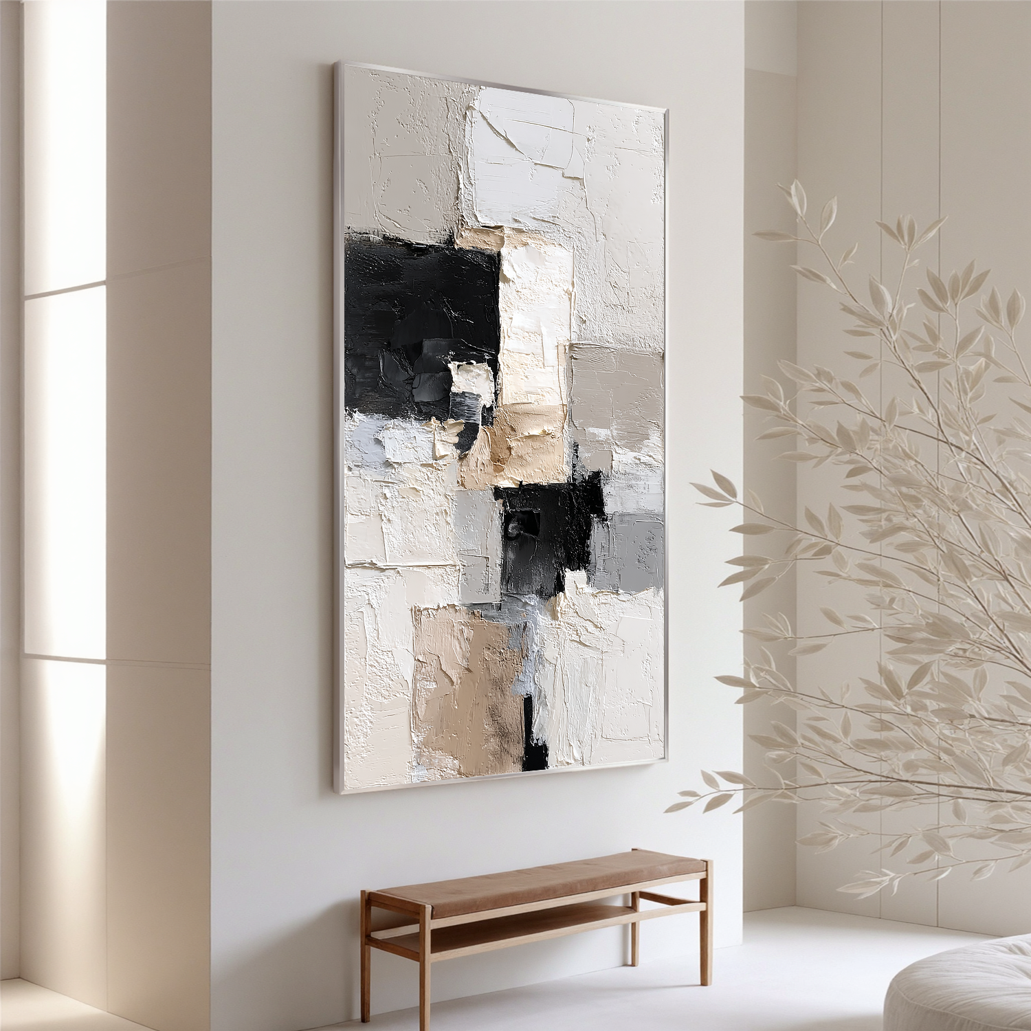 Vertical Neutral Abstract Canvas Wall Art – Textured Black White Beige Minimalist Painting for Modern Home Decor#OA 0876