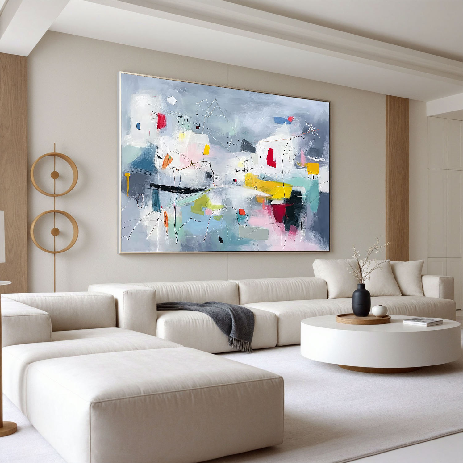 Abstract Grey Blue Oil Painting Canvas – Minimalist Modern Wall Art for Living Room Contemporary Home Decor#OA 0492