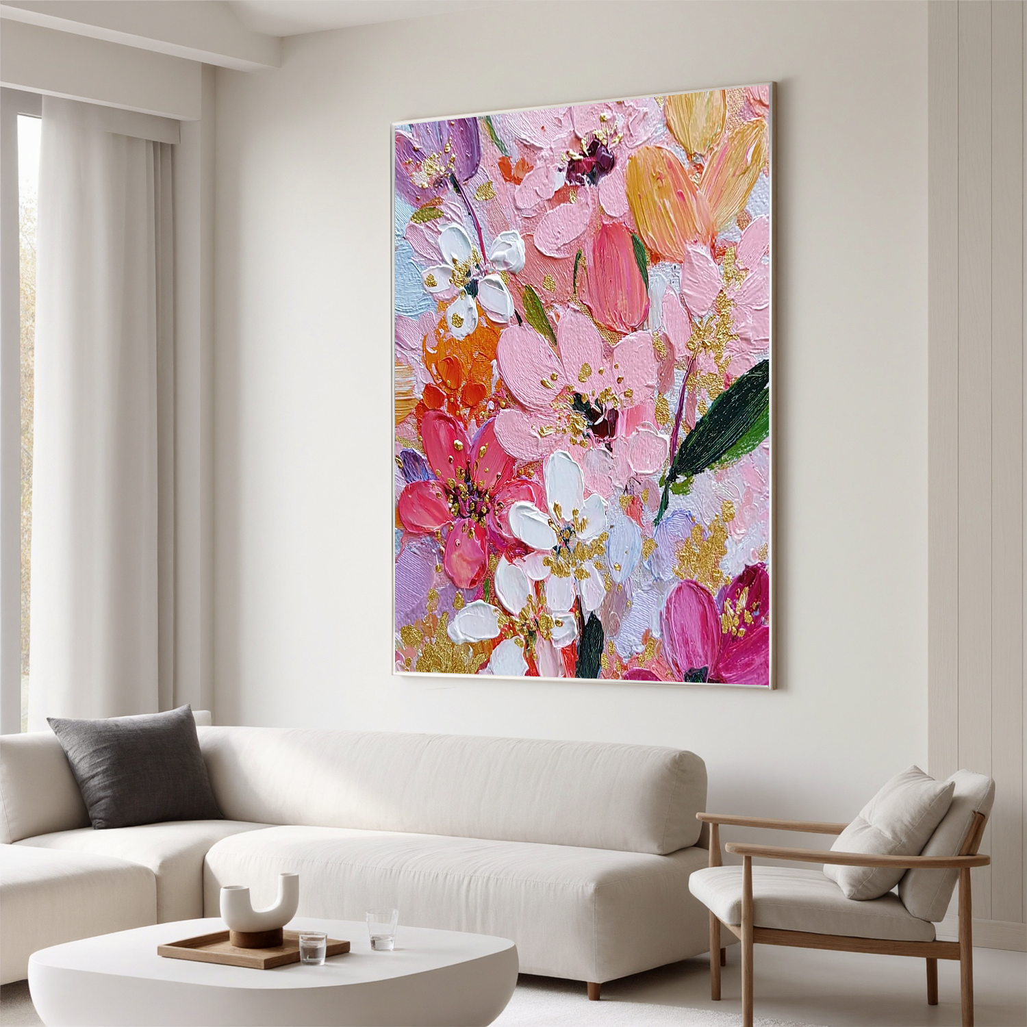 Pink Floral Oil Painting, Textured Flower Wall Art with Gold Accents for Living Room Decor#OA 0579