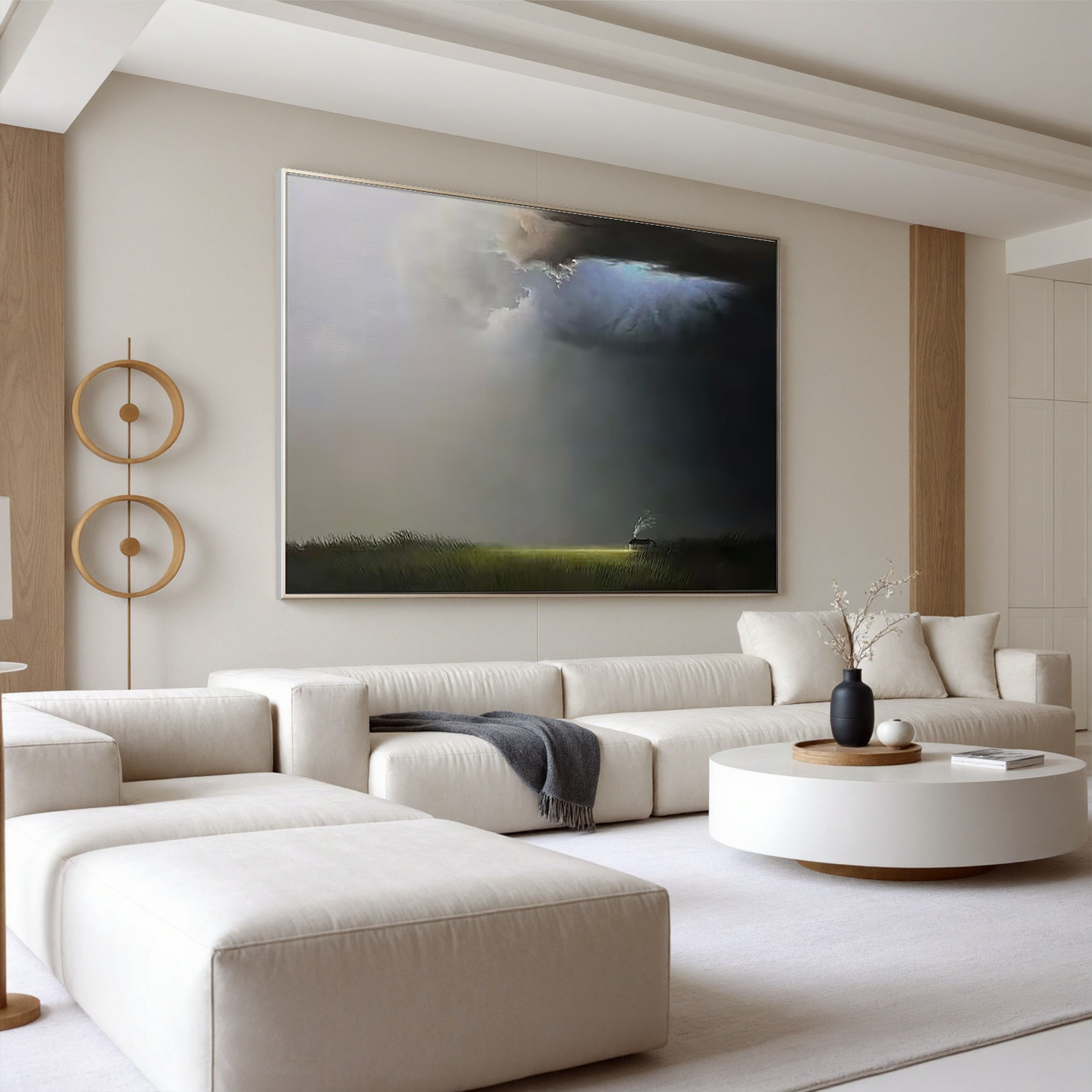 Dramatic Sky Landscape Wall Art, Moody Cloud and Light Canvas Painting with Solitary Cabin for Living Room Decor #OA 0726